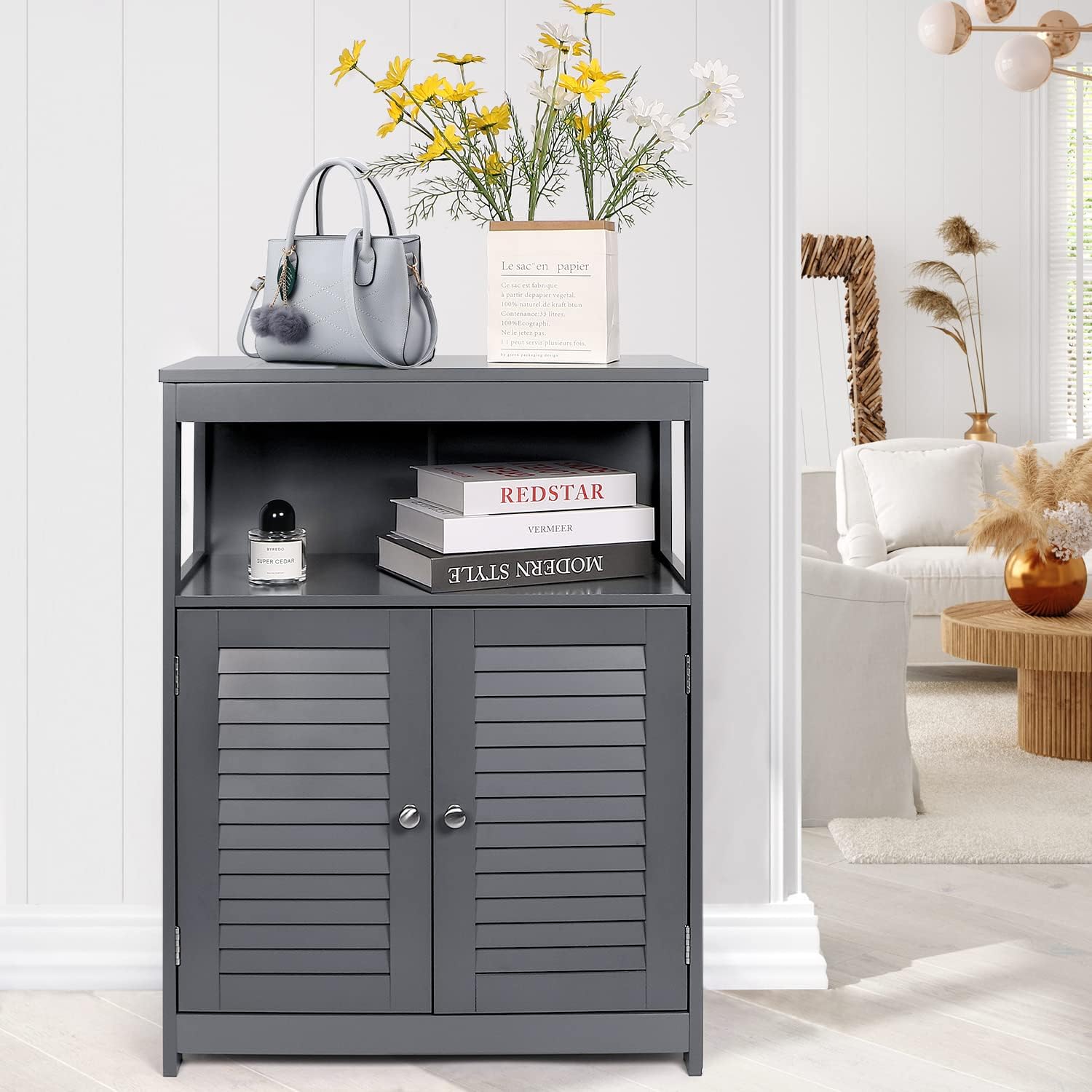 DLATRE Bathroom Floor Storage Cabinet with Double Shutter Door, Suitable for Bathroom, Living Room, Bedroom, Hotels, Wooden Storage Cabinet with Adjustable Shelf, Bookcase, Shoes Storage (Grey)