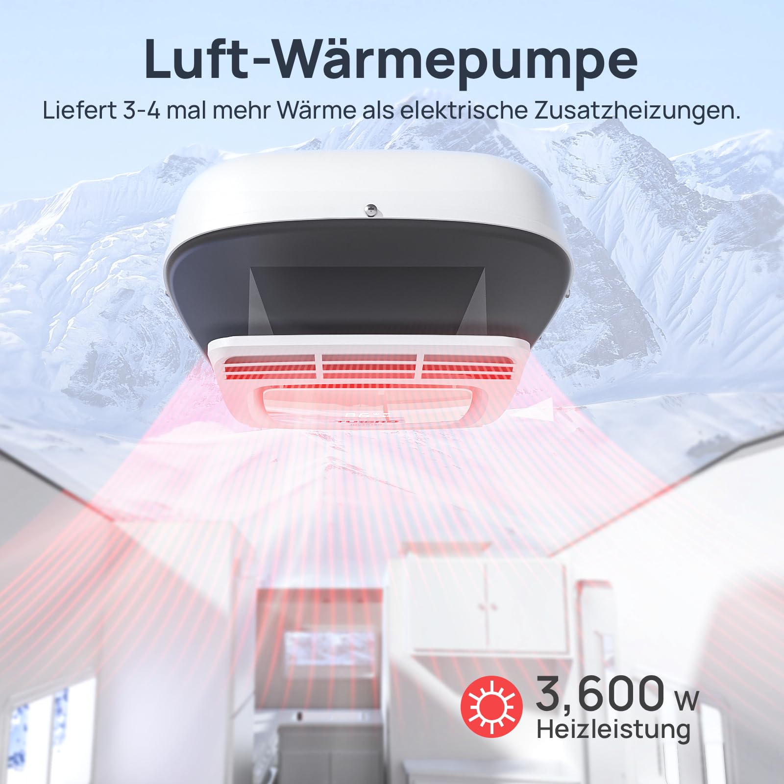 TURBRO Wechselrichter-Klimaanlage ​​für Wohnmobile​​ mit Wärmepumpe, 3,600 W Dachgerät ohne Kanäle und Deckenmontage mit Ambiente-Leuchte, leiser Betrieb, 220-240V AC, Fernbedienung & WLAN, weiß