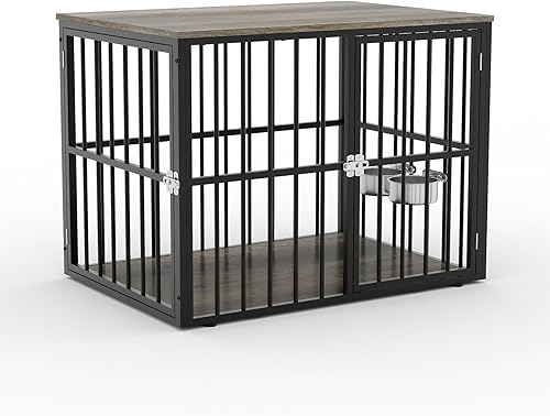 Miniatura 2 de Mueble resistente de 43 pulgadas para perros con 2 puertas y cuencos ajustables para perros medianos y grandes, jaula de madera para perros, jaula