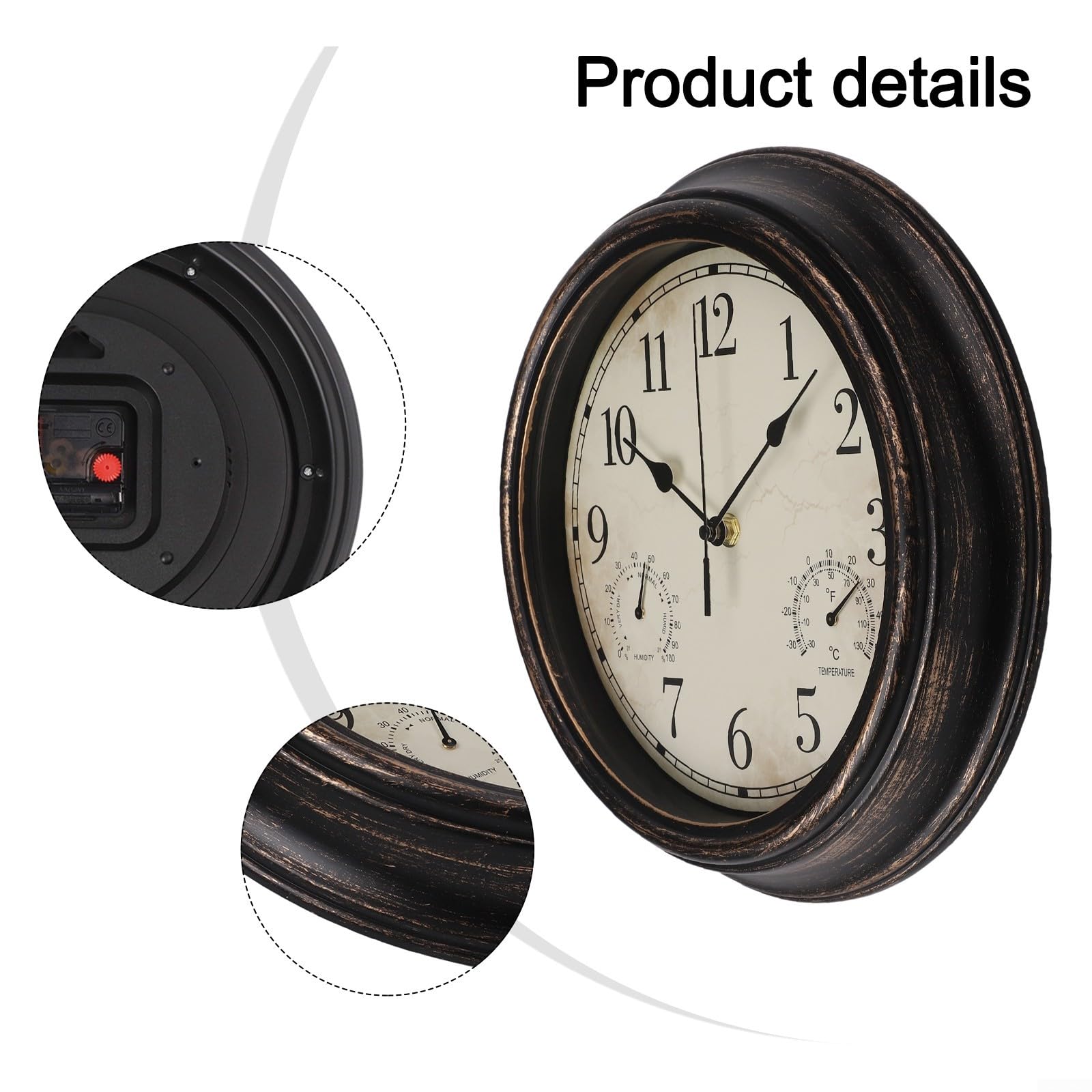 30,5 cm wetterfeste Wanduhr mit integriertem Thermometer und Hygrometer, geräuschlose Outdoor-Gartendekoration, Vintage-Stil, Kunststoffrahmen (Bronze-Gold)