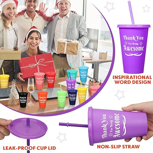 Miniatura 3 de Dandat 40 vasos coloridos de 16 onzas con popote y tapa, de plástico, reutilizables, de agradecimiento, botella de agua, bebida fría, taza de viaje