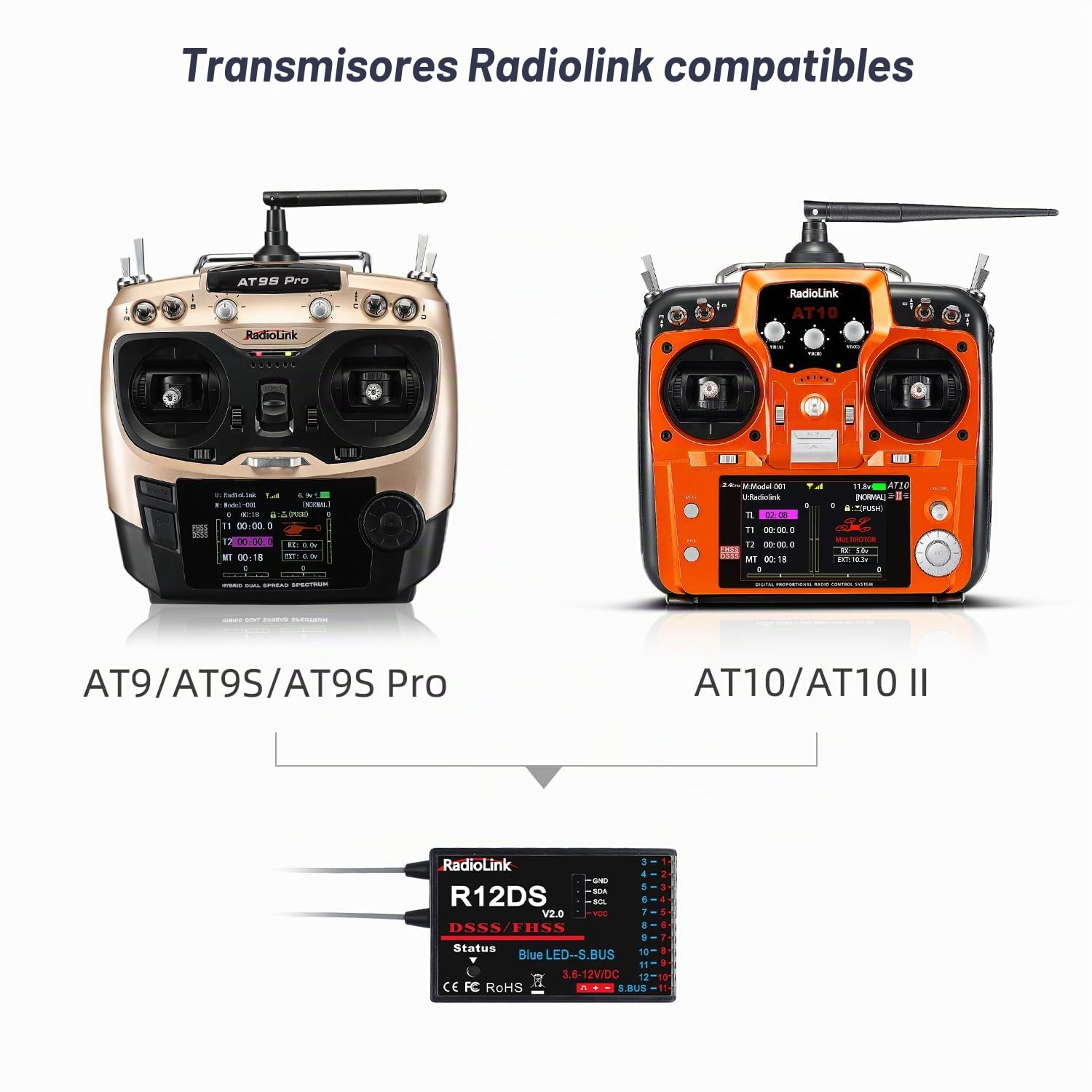 Radiolink R12DS 2,4 GHz RC Receptor 12 Canales SBUS/PWM Control de Largo Alcance para Avión Jet RC Transmisor AT10II/AT9S Pro/AT9S