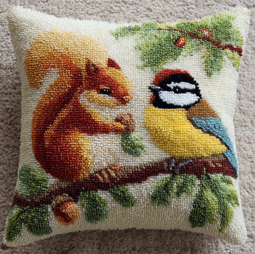 FWRTYCB Latch Hook Pillow Kit,Squirrels and Birds DIY Needlework Pillow Co