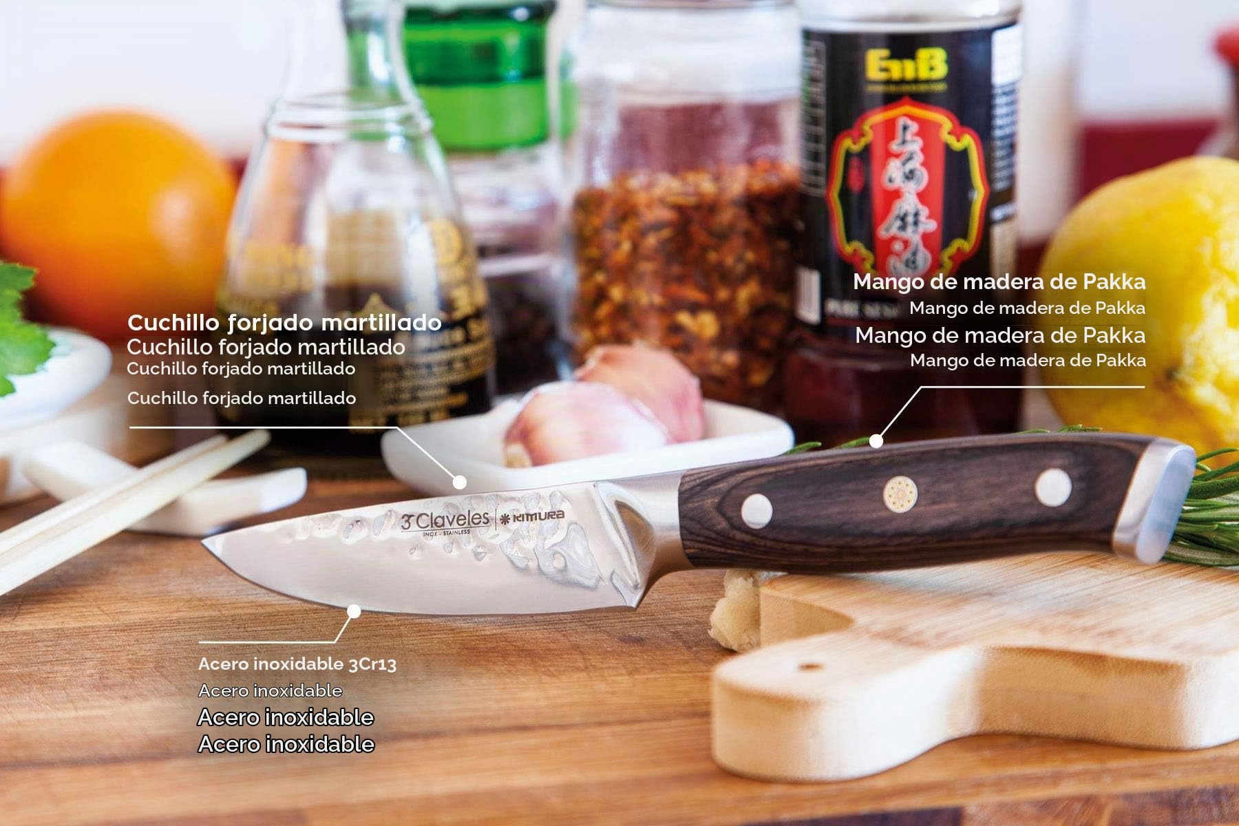 3 Claveles Juego de cuchillos de cocina profesionales de cocina de acero inoxidable + tijera de cocina con + taco de fibras, Juego 3 Cuchillos + Tijera + Taco KIMURA