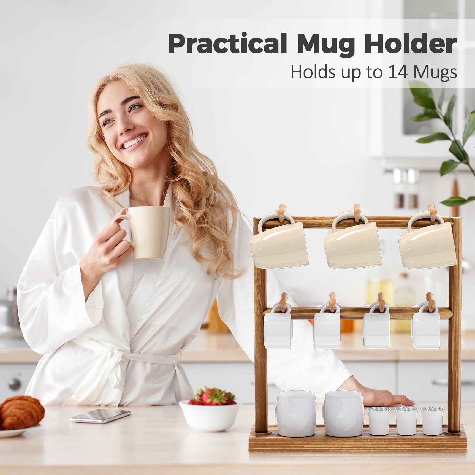 Puricon Mug Holder Coffee Cup Shelf for Counter, 2 Tier Wood Mug Tree Stand Organizer with 14 Sturdy Hooks and Storage Base, Double Sides Tea Cups Display Rack for Large and Small Mugs -Oak