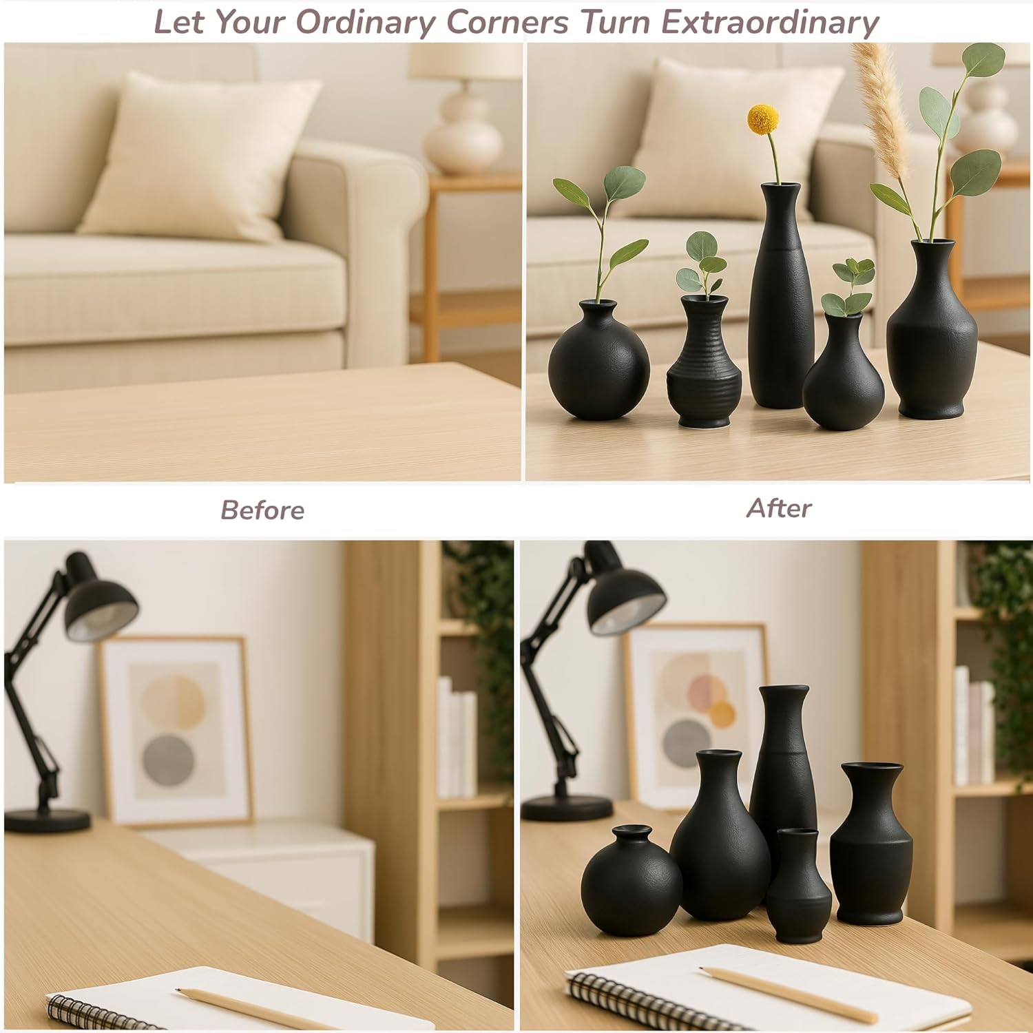 Fit'n Furnish 5-Piece Bud Vases Set (Small) – Black Ceramic Mini Vases for Flower Vase Styling, Perfect for Home Decor, Table Centerpieces, Bookshelf Decor | Elegant Black Vases for Dried Flowers vase