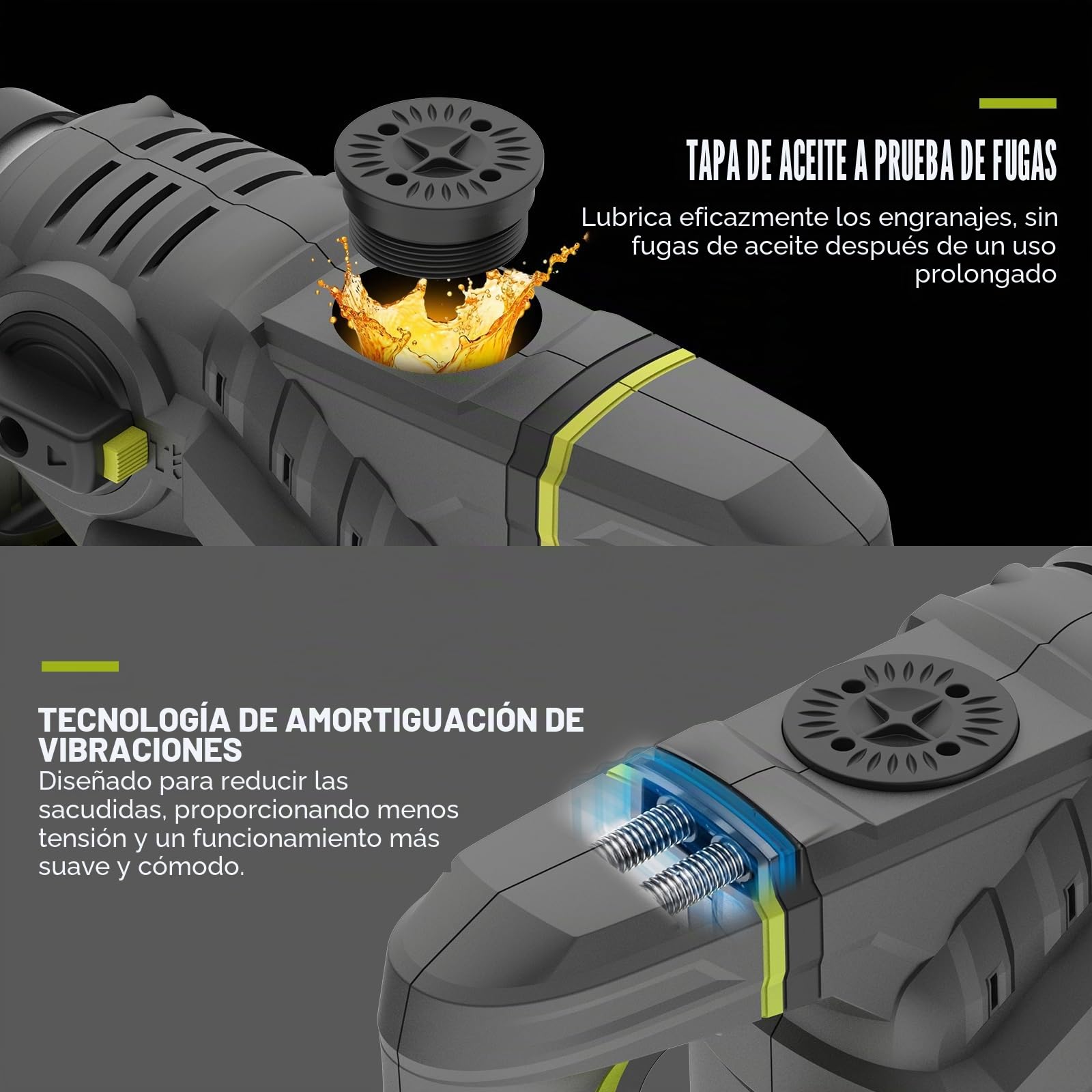 DEWINNER Martillo Percutor SDS-Plus,1500 W, 6 velocidades, 850RPM, 4400BPM, 5.5J, embrague de seguridad y tecnología antivibración, 3 funciones, incluye organizador, cincel y broca de 32mm