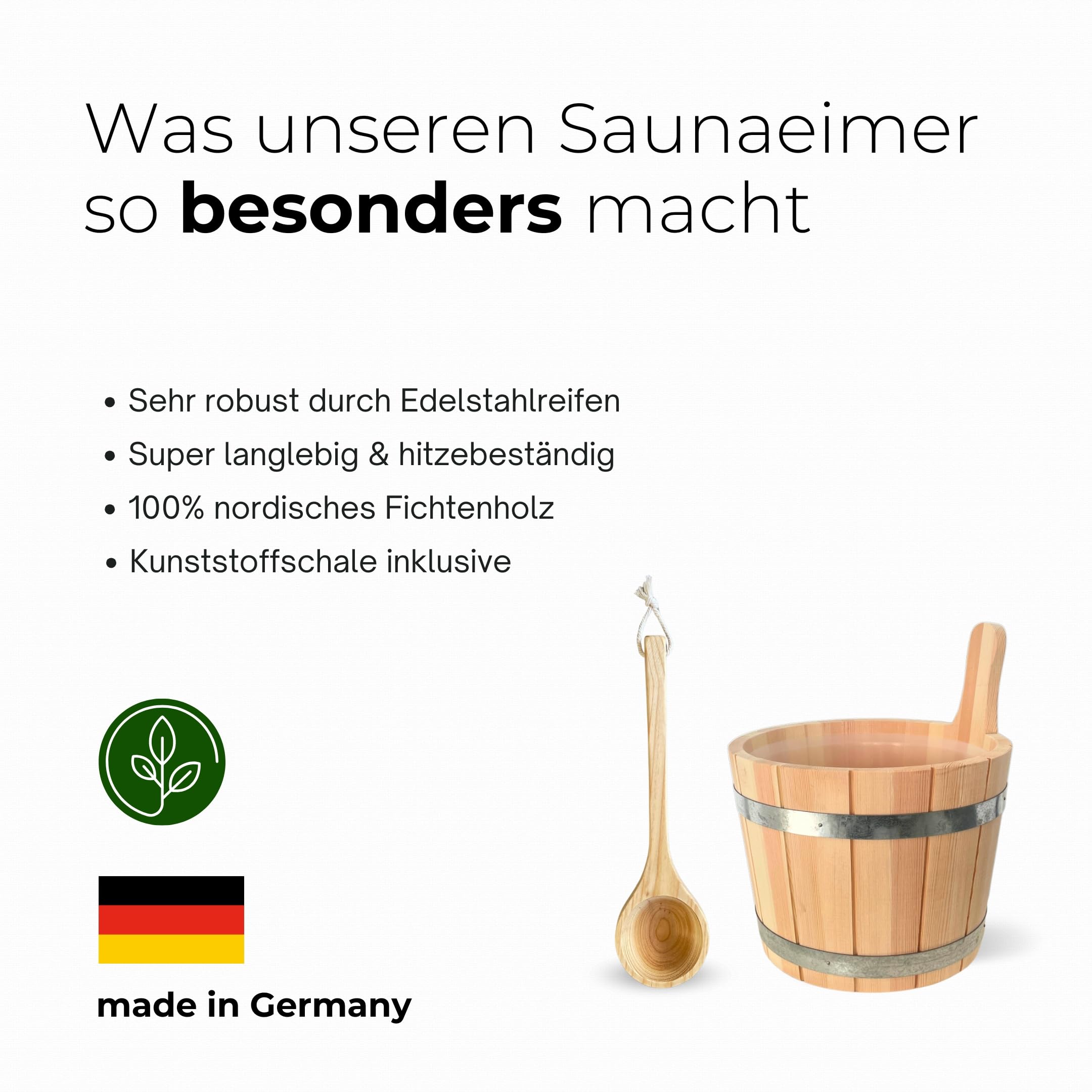 wellow® Sauna-Eimer mit Kelle 5 L – Saunaeimer aus 100% nordischer Fichte, naturbelassen – inkl. auslaufsicherem Einsatz & Holzgriff – Saunazubehör Aufguss-Set in deutscher Qualität