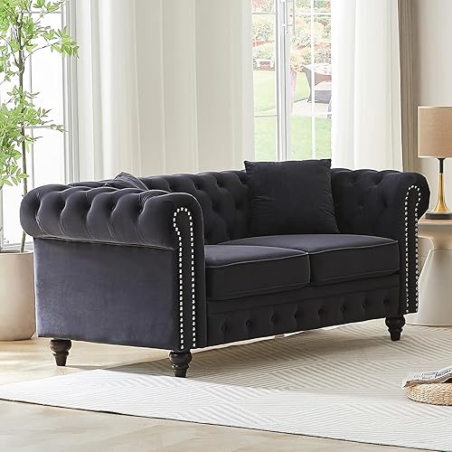 Miniatura 16 de Juego de sofá de 2 piezas para sala de estar, sofá y sofá biplaza de tela de alta tecnología con ribete de clavos y reposabrazos enrollables, sofá