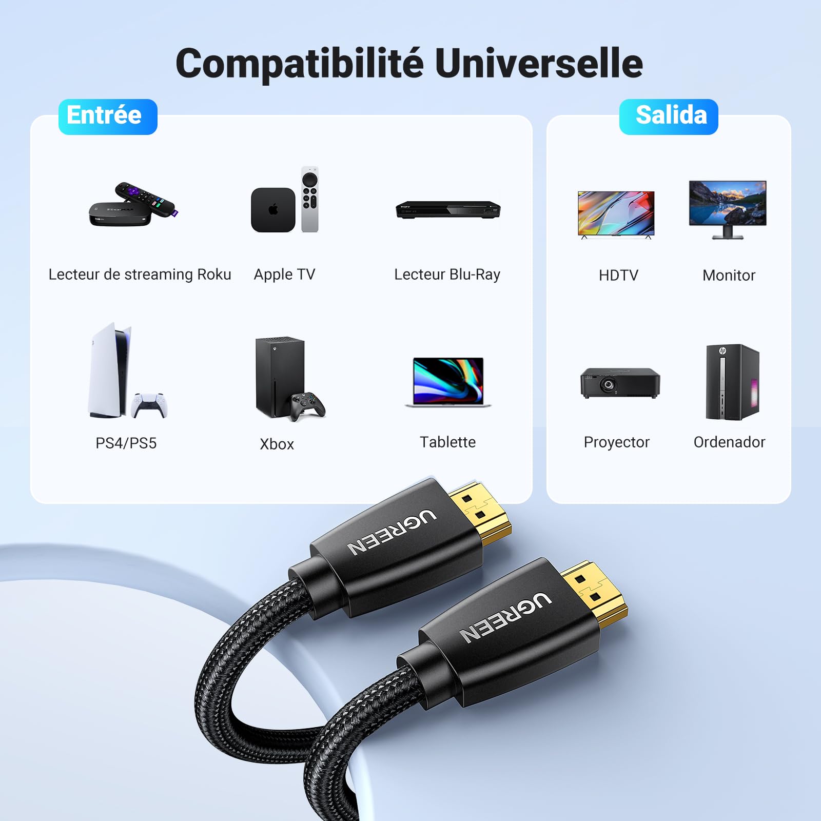 UGREEN Câble HDMI 4K Ultra HD Cordon 2.0 Haute Vitesse par Ethernet en Nylon Tressé Supporte 3D HDR Retour Audio Compatible avec PS5 PS4 PS3 Lecteur Blu Ray Xbox 360 PC Ampli TV Écran (2M)