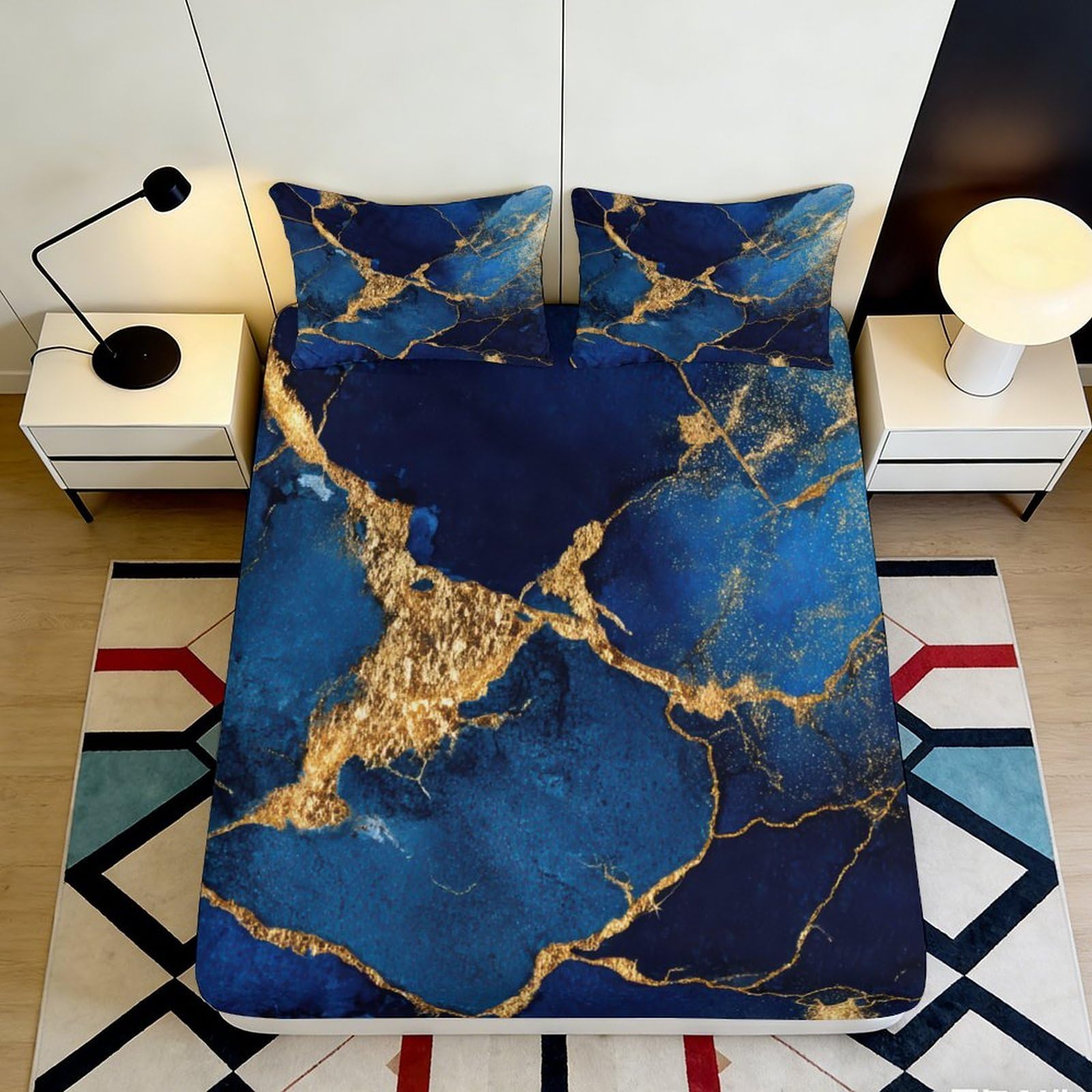 3D Printed Blue Marble Fitted Sheet Microfiber Gold Vein Mattress Cover for Bedroom Guest Room Easy Care Decor 160x200x25cm