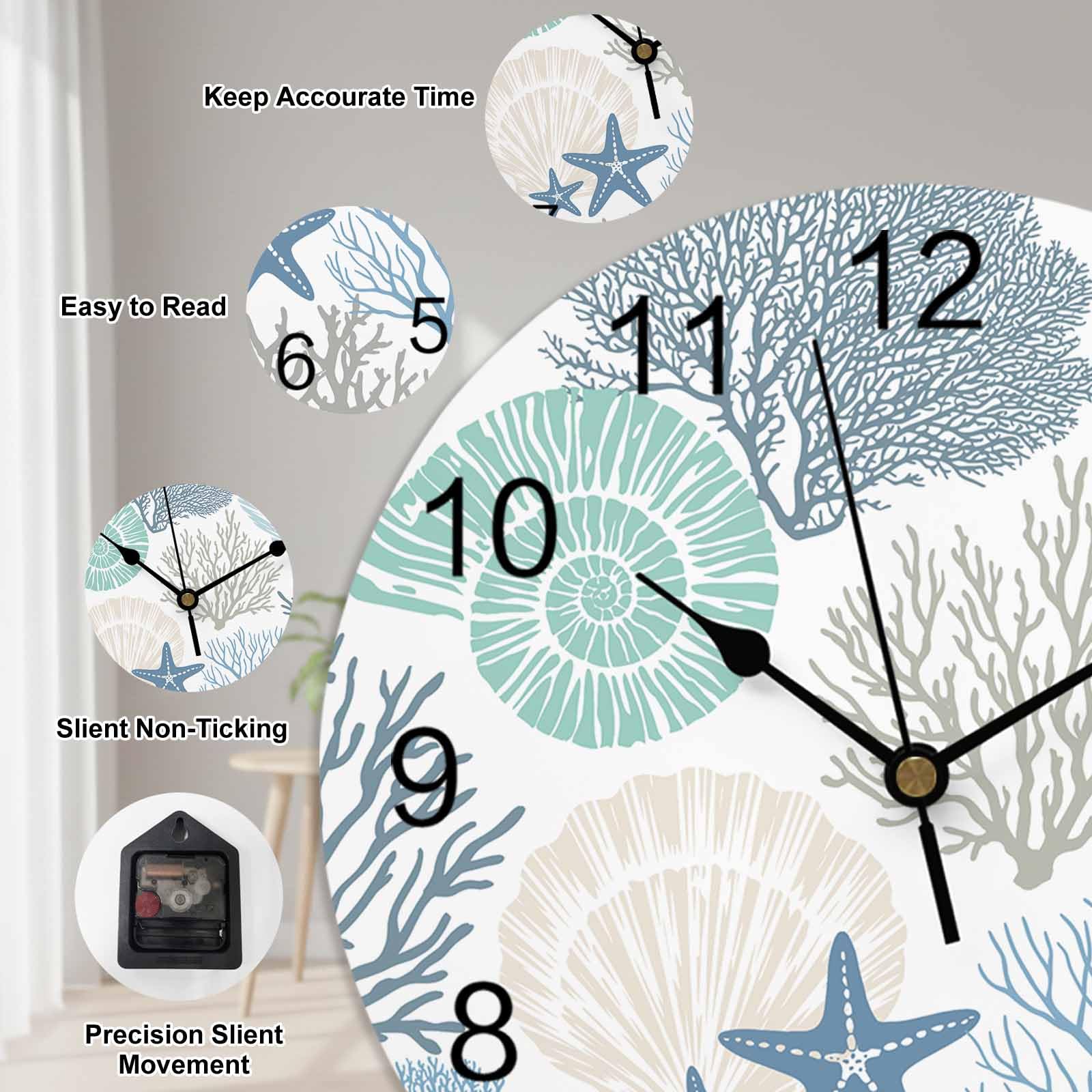 Orologio da parete in PVC con oceano costiero e corallo, silenzioso, senza ticchettio, funzionamento a batteria, orologio rotondo per casa, soggiorno, ufficio, cucina, camera da letto, bagno,
