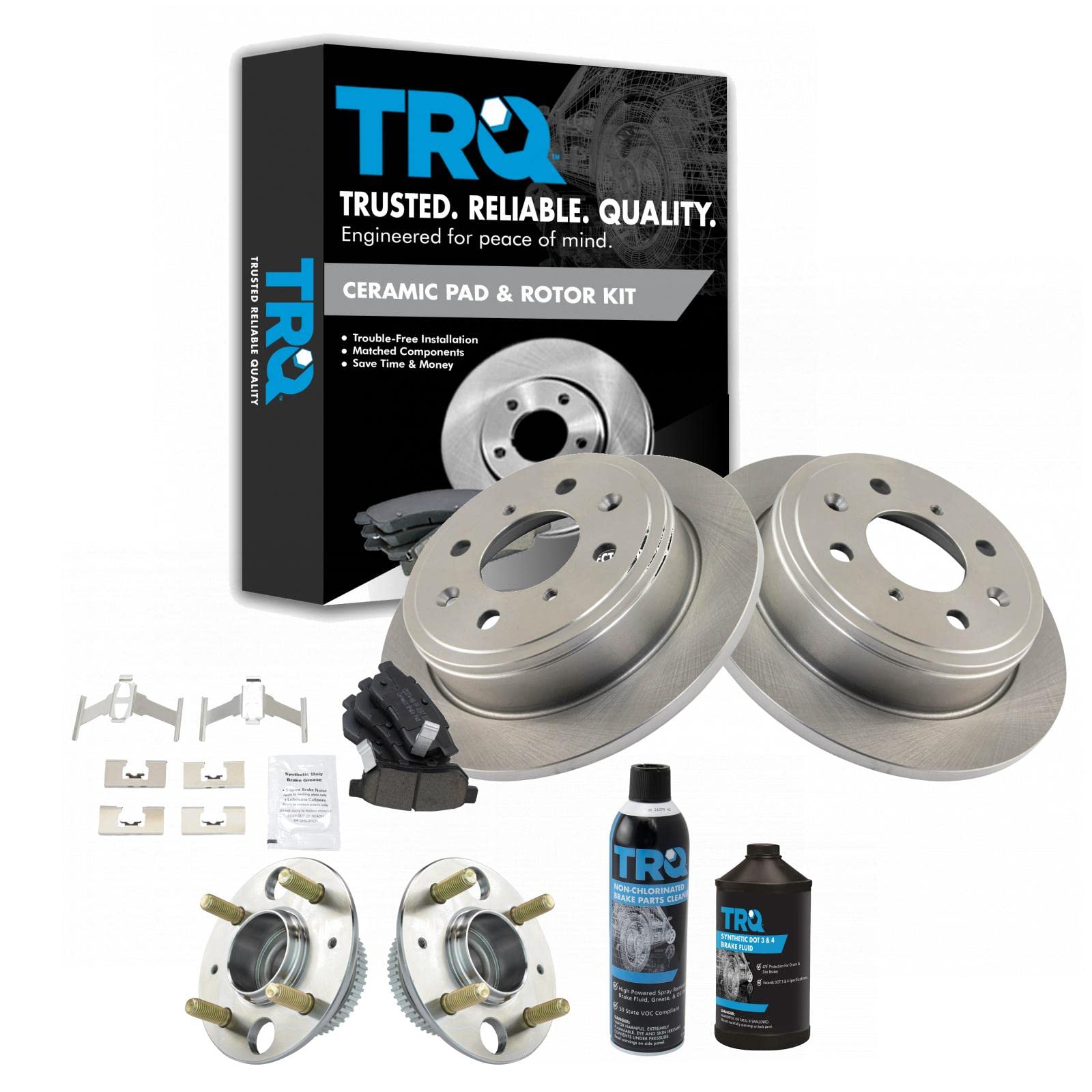 TRQ Rear Brake Pad &amp; Rotor Kit, with Chemical Kit Wheel Hub Bearing Assembly Ceramic Compatible with 1990-2001 Acura Integra 1992-2000 Honda Civic 1995-1997 Civic del Sol