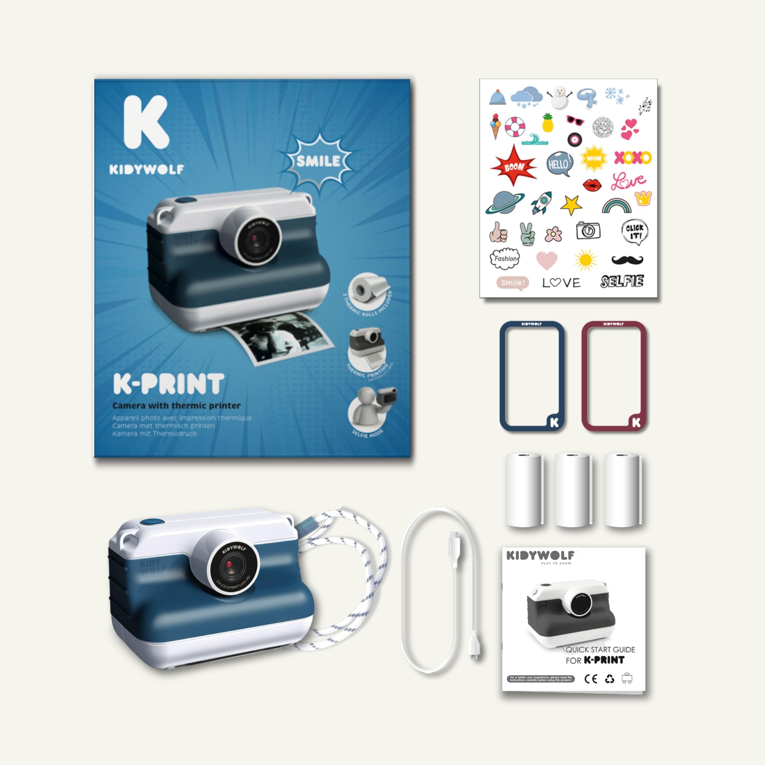 KIDYWOLF - K-Print Bleu - Appareil Photo Instantané Enfant dès 8 Ans - Impression Thermique sans Encre - Kit Photo avec Stickers