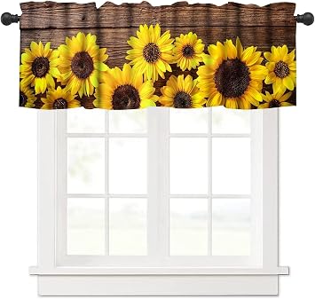 Sunflower Valance Window Treatment Decor Curtains Rod Pocket Valances for Kitchen/Living Room,Drape Valence Sunflower on a Wooden Board 1 Panel, 54 x 18 Inch