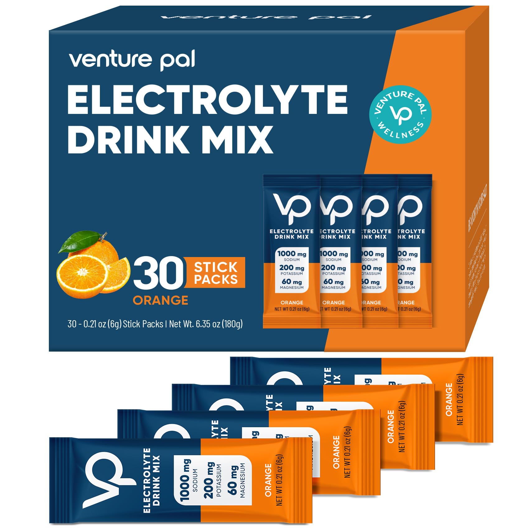 Paquete de electrolitos en polvo Venture Pal con alto contenido de sodio y sin azúcar - Paquetes de hidratación con sodio, potasio y magnesio | Cero calorías | Vegano | Mezcla de bebida electrolítica apta para dietas cetogénicas y paleolíticas | 30 sobres