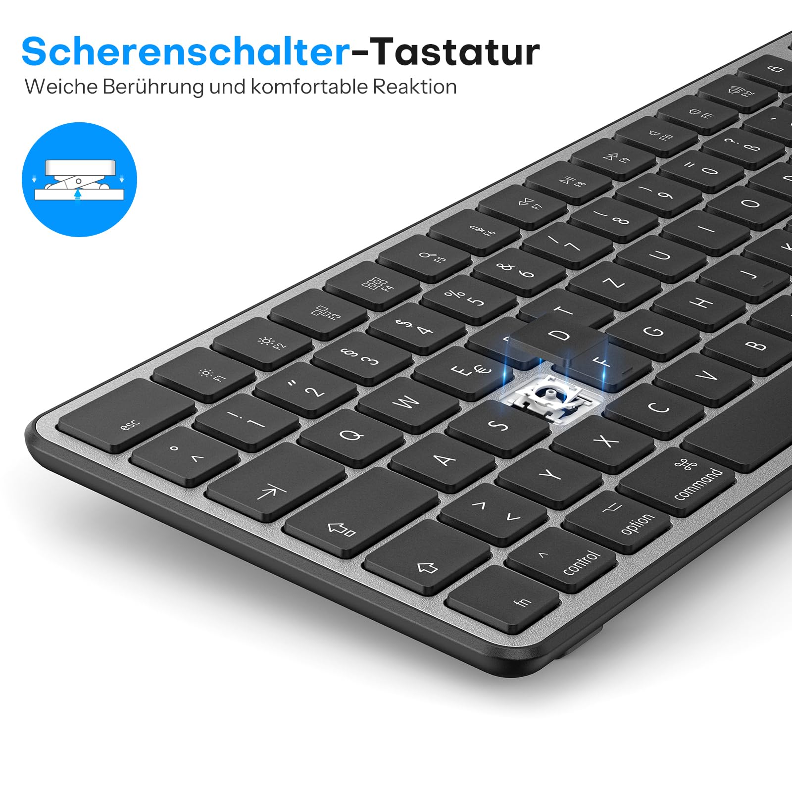 OMOTON Tastatur Maus Set Kabellose für MacBook Air/MacBook Pro/iMac/iMac Pro/Mac mini, Bluetooth Funktastatur QWERTZ mit Maus Wiederaufladbar, Multi-Gerät, Ergonomisch, Leises Tippen, DE Layout
