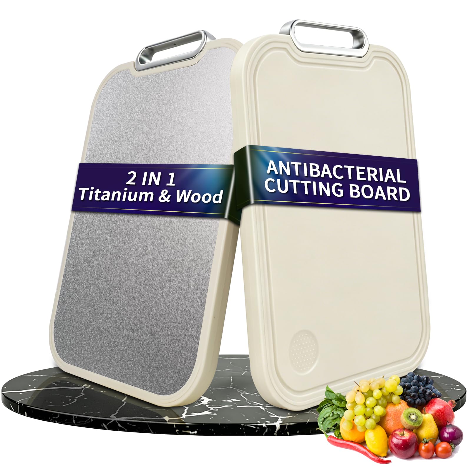 2 en 1 Tabla de Cortar de Titanio + Madera,Tabla de Cortar Antibacteriana y Resistente,Tablero de Corte con Ranura para Jugos y Borde,Ideal para Carne,Frutas,Verduras o Amasar (Titanio + PP)