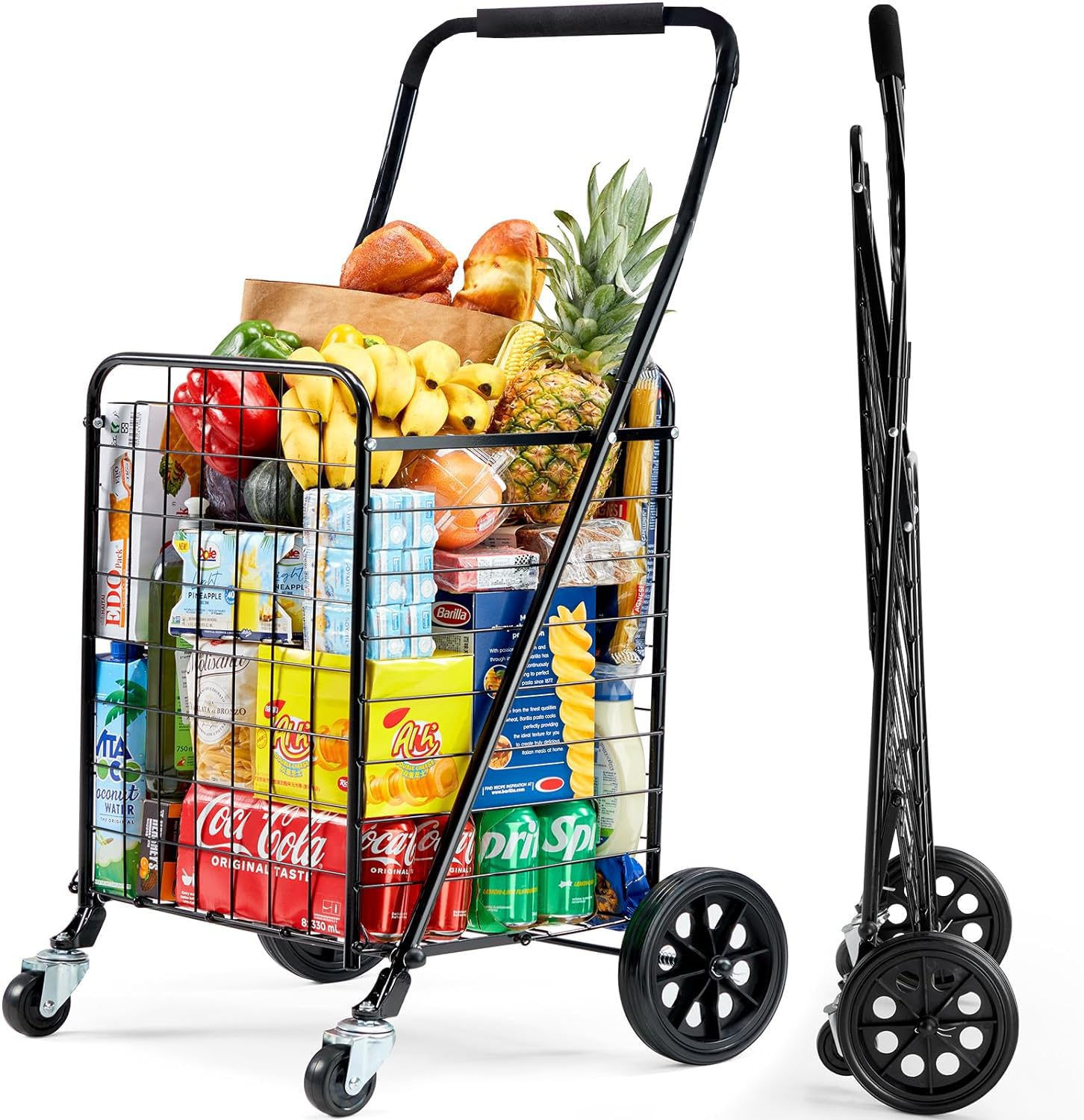 SUNRISE Shopping Cart with Wheels for Groceries,Utility Cart Folding Cart for Convenient Storage,with 360° Rolling Swivel Wheels,Trolley for Laundry,Groceries,Travel (Big)