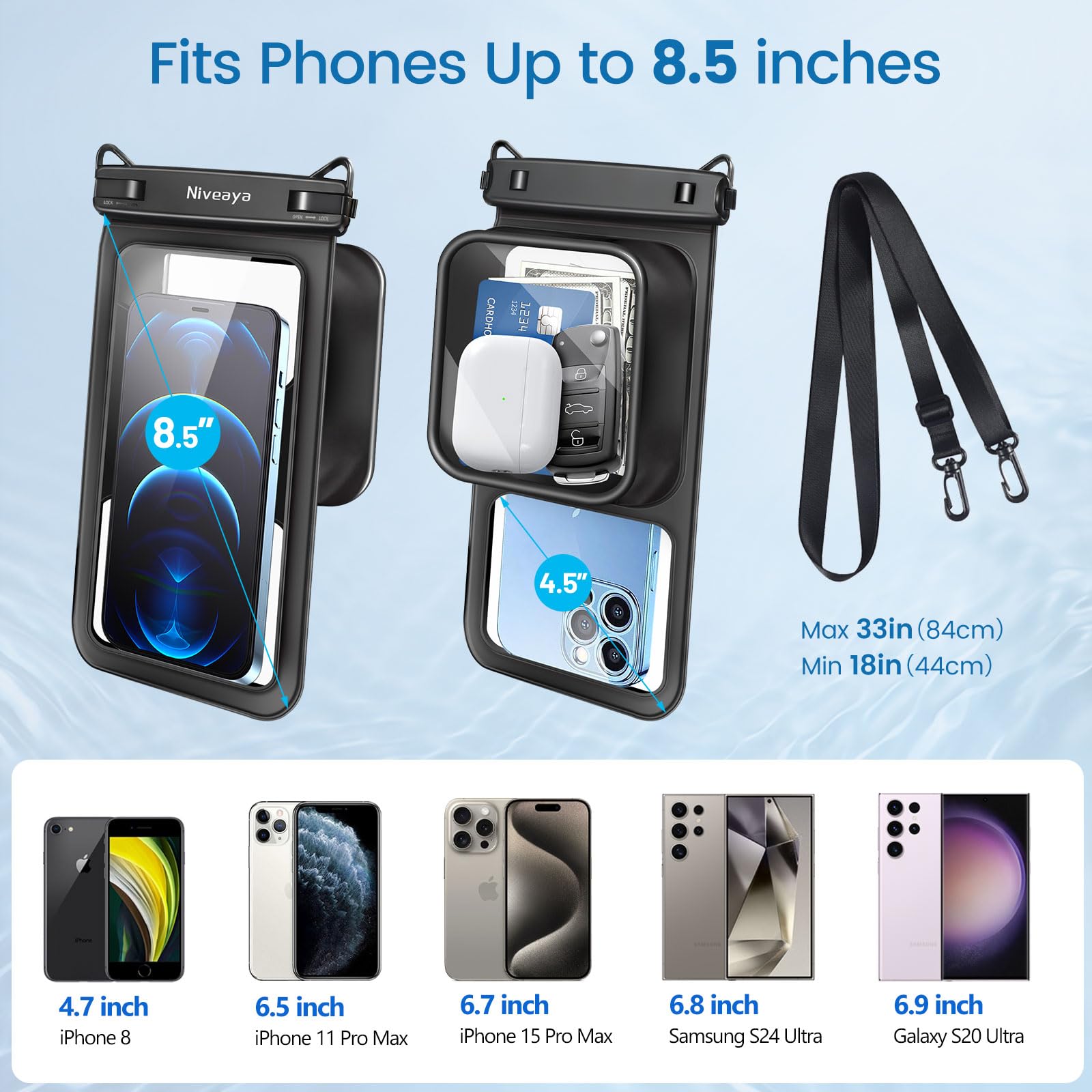 Niveaya [Bolsa Flotante Impermeable para teléfono, 2 Paquetes de hasta 8.5 Pulgadas, Gran Espacio Ajustable para el Cuello, Funda Impermeable para teléfono, Bolsas secas para Vacaciones, Playa,