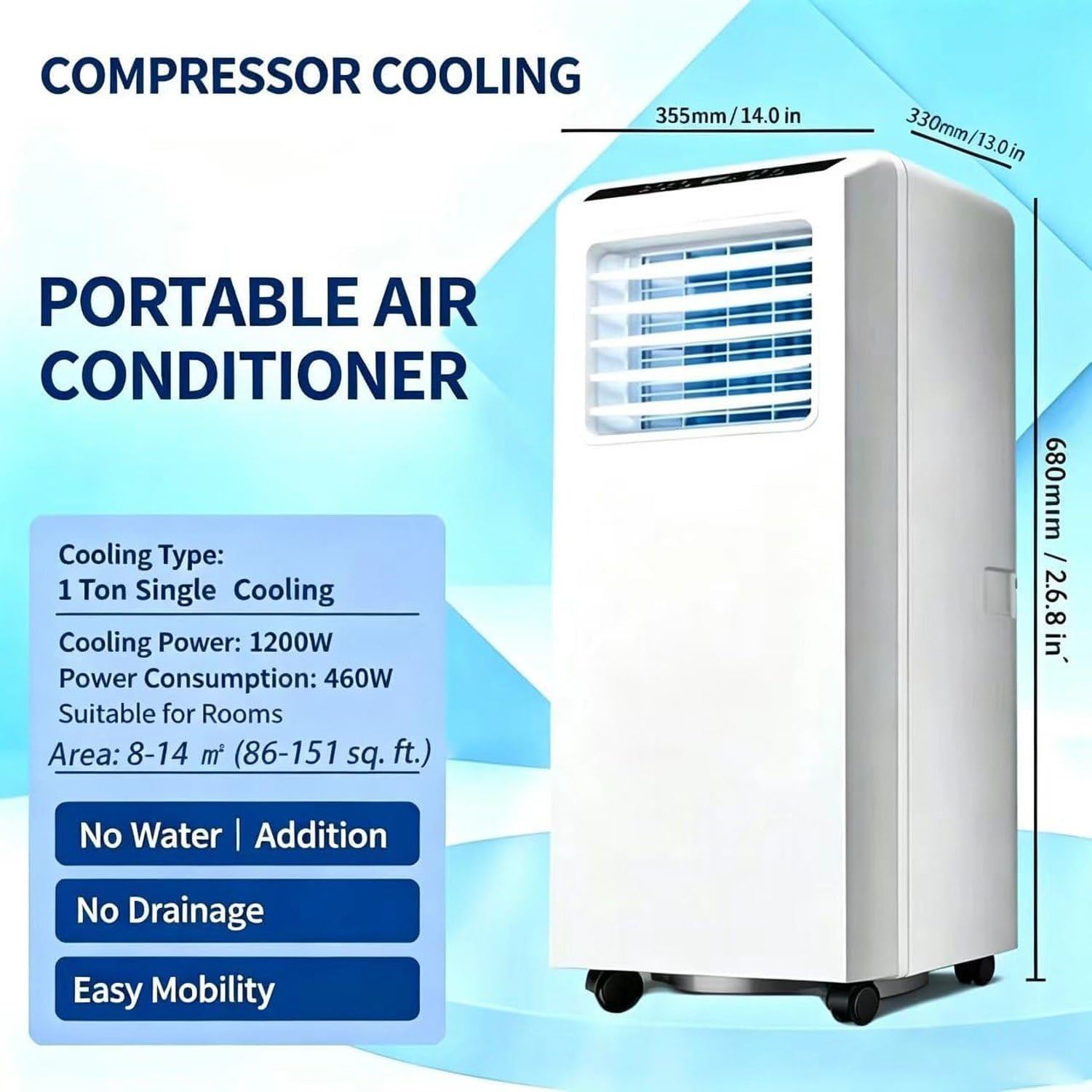 Aire Acondicionado Portátil 9000 BTU con Deshumidificador, 20 m² | Temporizador 24H, Mando a Distancia, 3 Velocidades, Sin Bandeja de Agua, Gas R290, Model B
