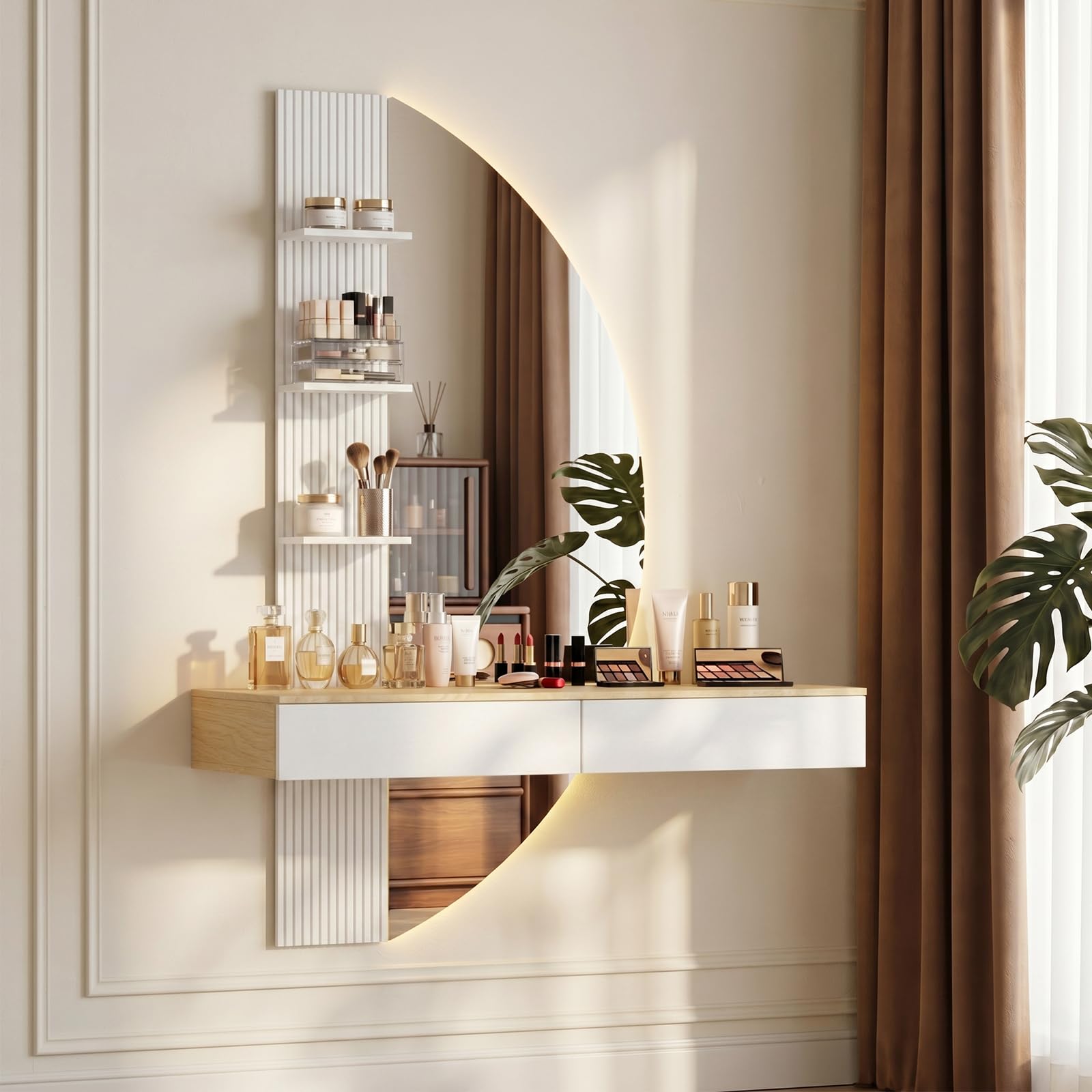 JUMMICO Coiffeuse Murale Flottante avec Miroir HD à éclairage LED, variateur Tactile et 3 températures de Couleur, équipée de tiroirs de Rangement (Blanc)