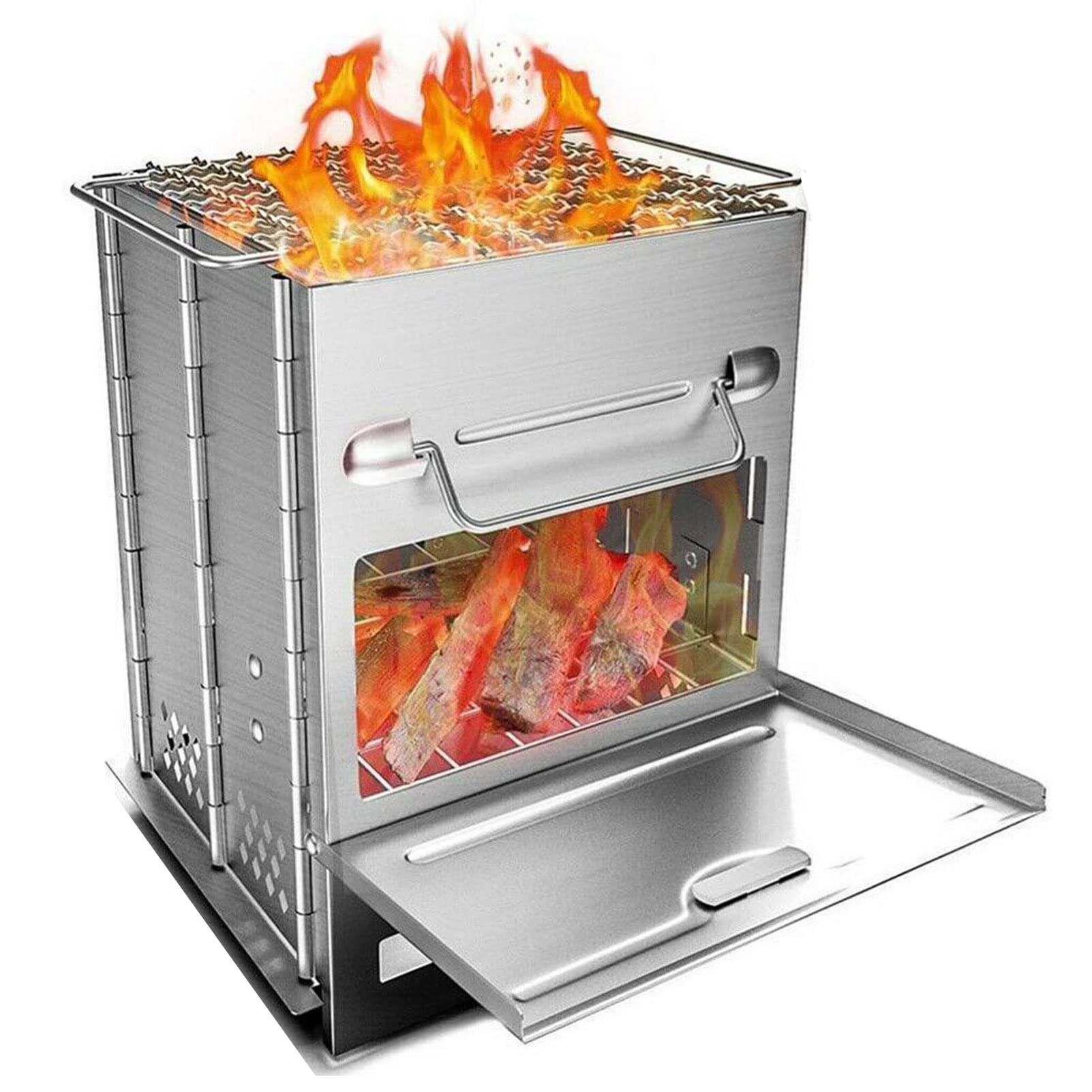 Wood Burning Camp Stove, Folding Outdoor Mini Square Camping Firewood Stove, Portable Cooking Stove Grill Picnic Camping Stoves, for Backpacking Outdoor Cooking BBQ