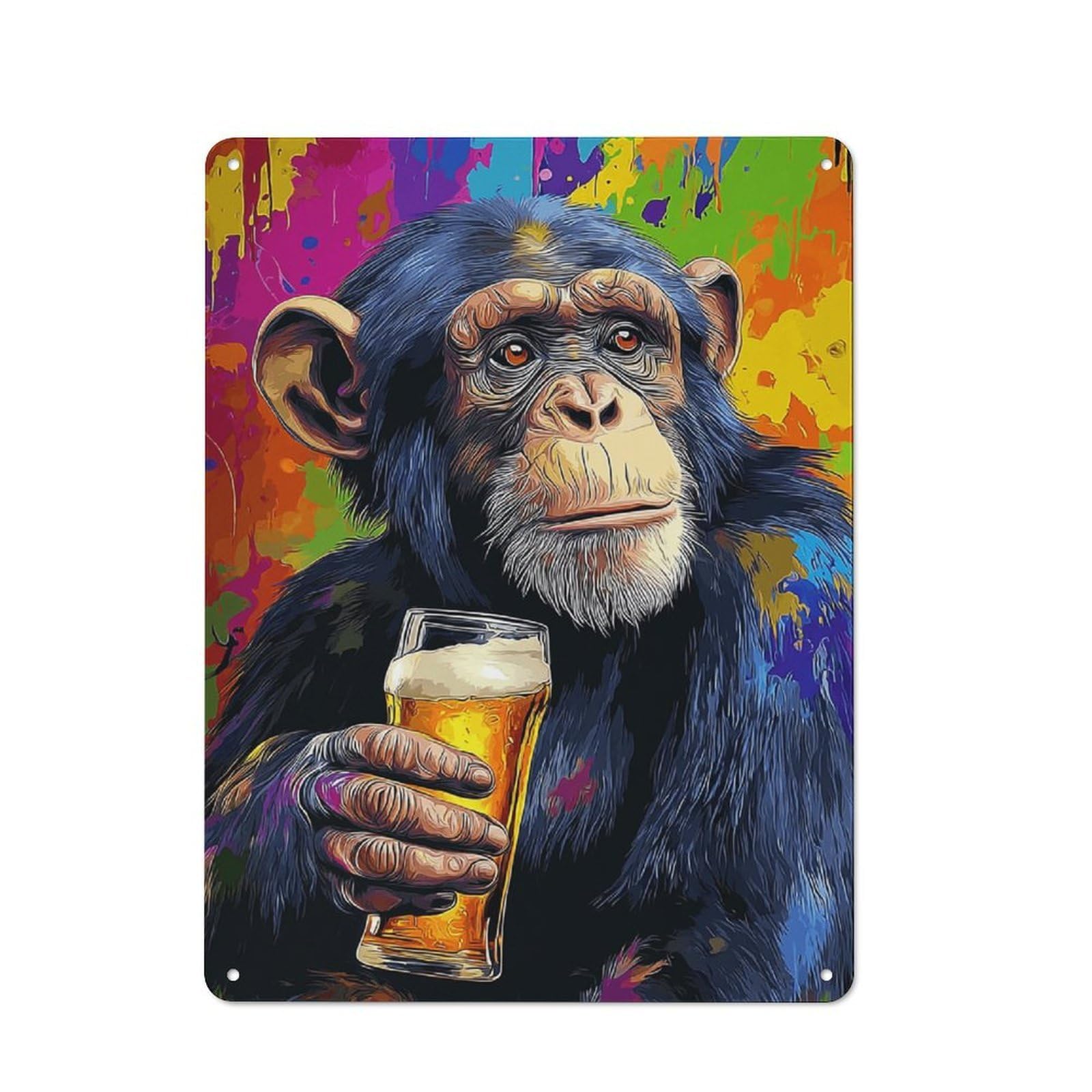 Junmoney Chimpanzee With Beer Glass Metal Wall Plaque With Design 40X30cm, Old Fashioned Vintage Wall Decor For Living Room, Hallway, Kitchen Or Cafe