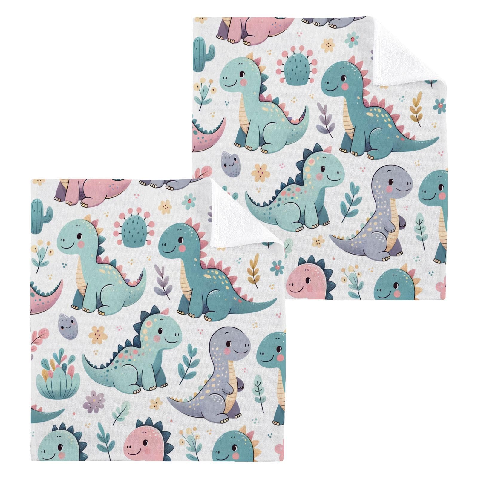 YANENDIE Cute Little Dinosaurs Washcloths Towels, Highly Absorbent and Soft Cotton Face Cloths, 2 Pack Quick Dry Wash Cloths - 12 X 12 Inches