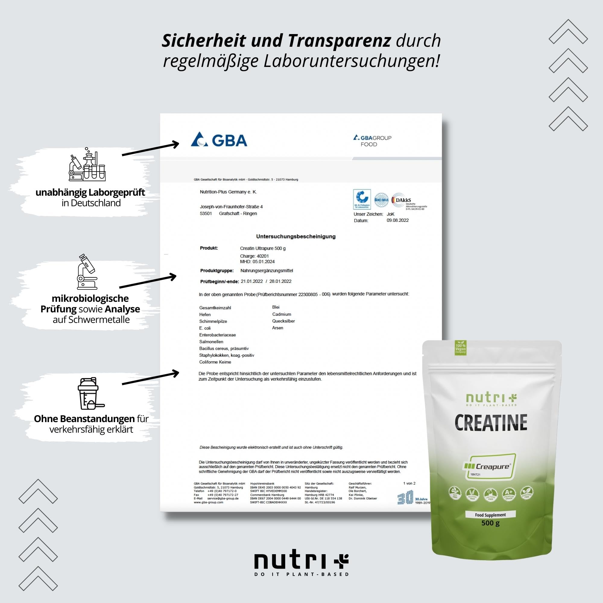 Nutri + Creapure 500g - Creatin Monohydrat Pulver - 100% rein - Ultrafeines Kreatin Neutral hochdosiert - Creatine Powder Vegan aus Deutschland