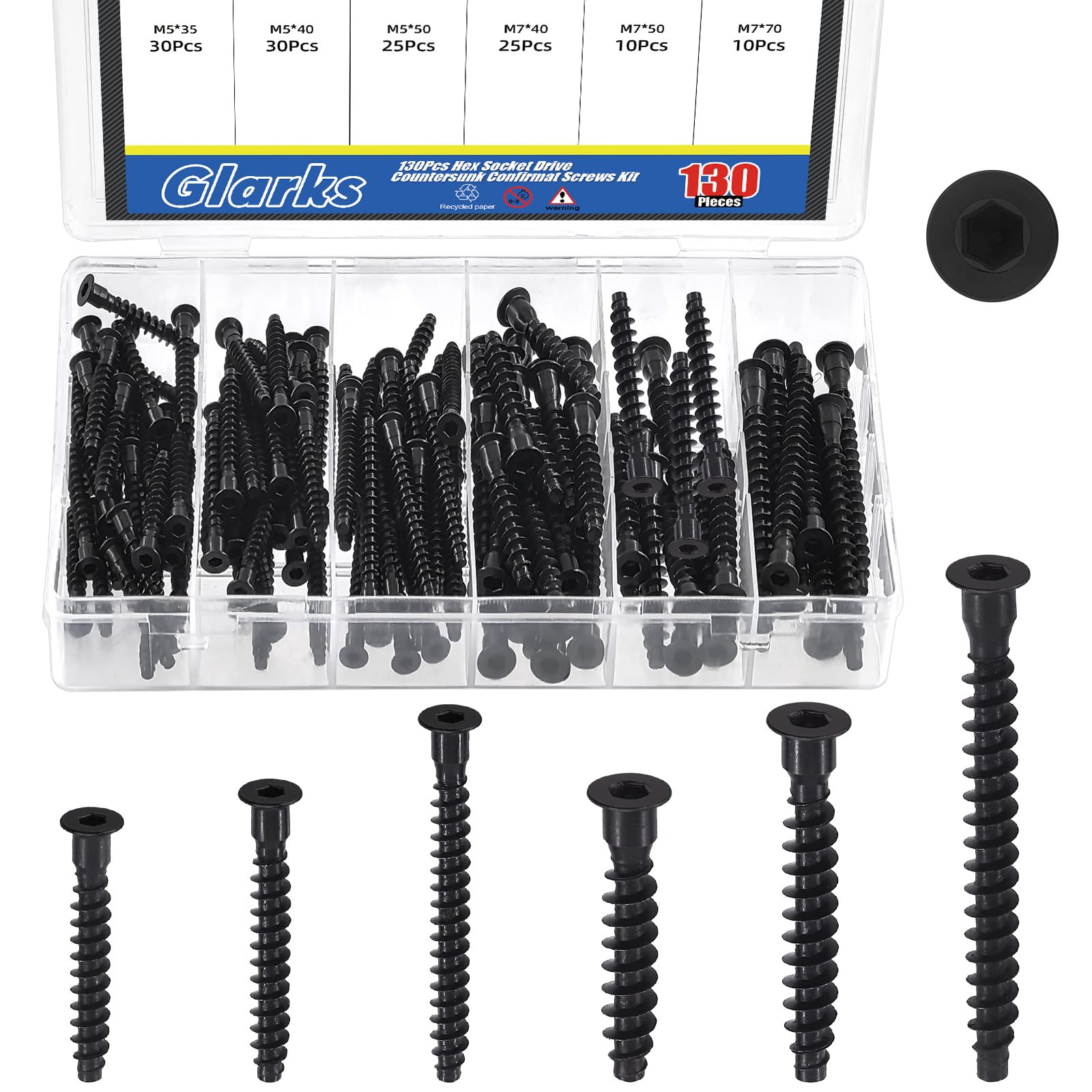 Glarks 130pcs M5 x 35/40/50mm M7 x 40/50/70mm Black Confirmat Screws Kit, Carbon Steel Hex Socket Drive Self-Tapping Screw, Hex Socket Furniture Screws for Cabinet, Chairs