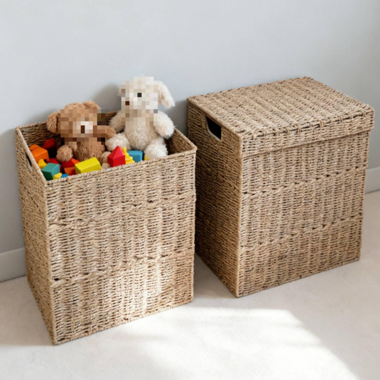 2 Stück Wäschekorb mit Deckel geflechtetes Rattan-Designoptik Aufbewahrungskorb dekorativ Aufbewahrungsbox, Set Aus 2 Wäschekörben Klein + Groß