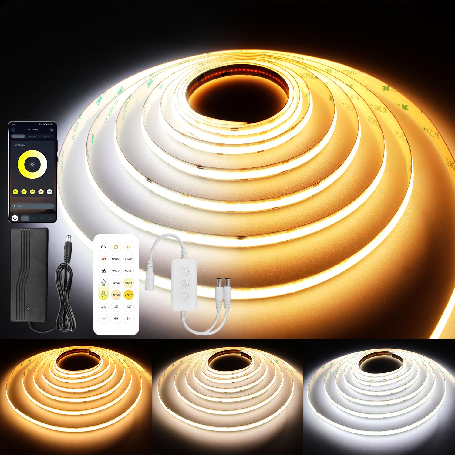 AXMOTUT CCT Striscia LED COB 15 metri 24V, Striscia LED 2700K-6500K, 576LEDs/m, Larghezza 8mm, CRI90+, con Alimentatore, Telecomando RF, LED Striscia per Cucina, Soggiorno, Feste, Bar