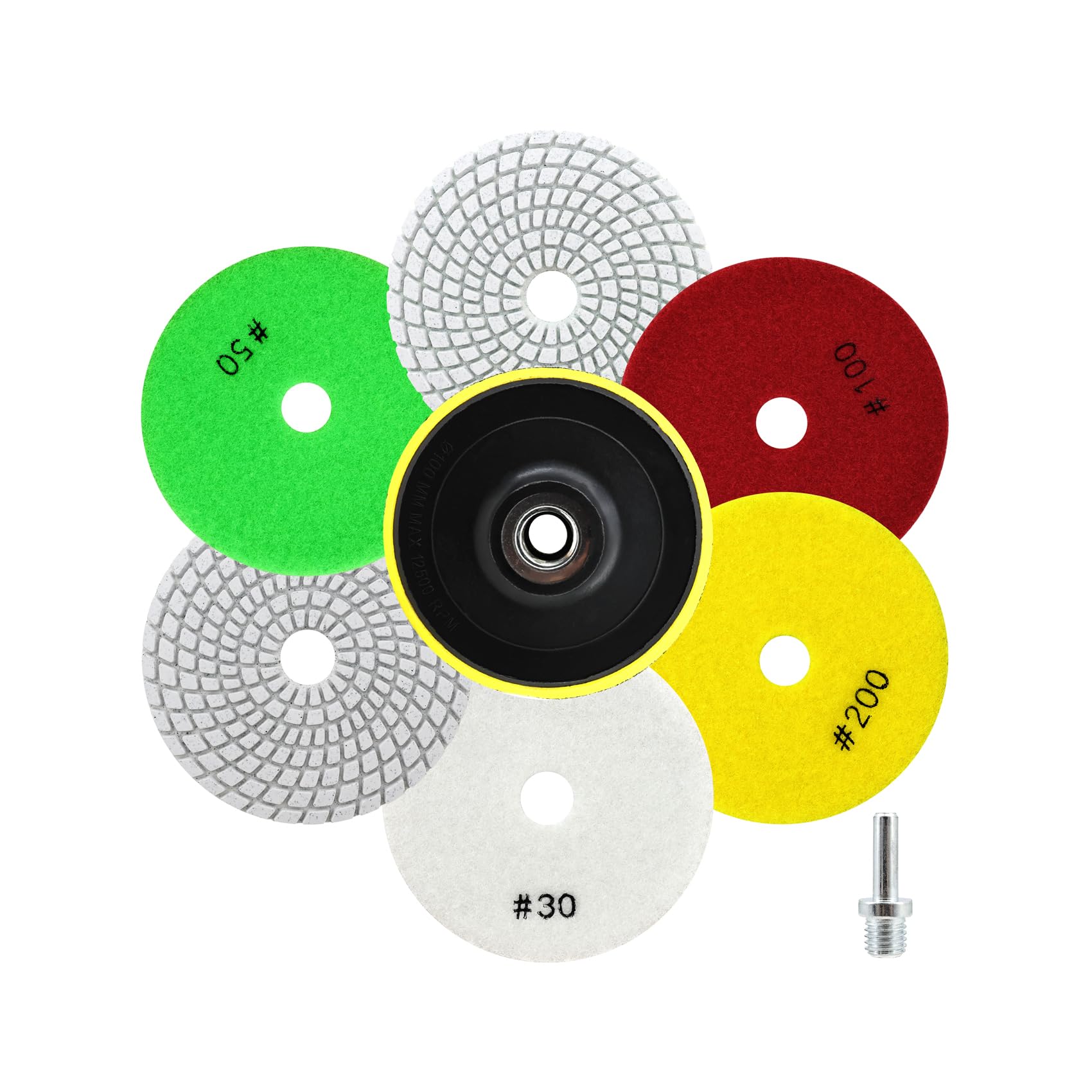 QUEFORET Diamond Polishing Pads Set 8pcs - 6pcs 100mm Wet Sanding Discs (Grit 30/30/50/50/100/200), 1pc M14 Thread Backing Pad, 1pc Adapter for Granite Marble Quartz Artificial Stone