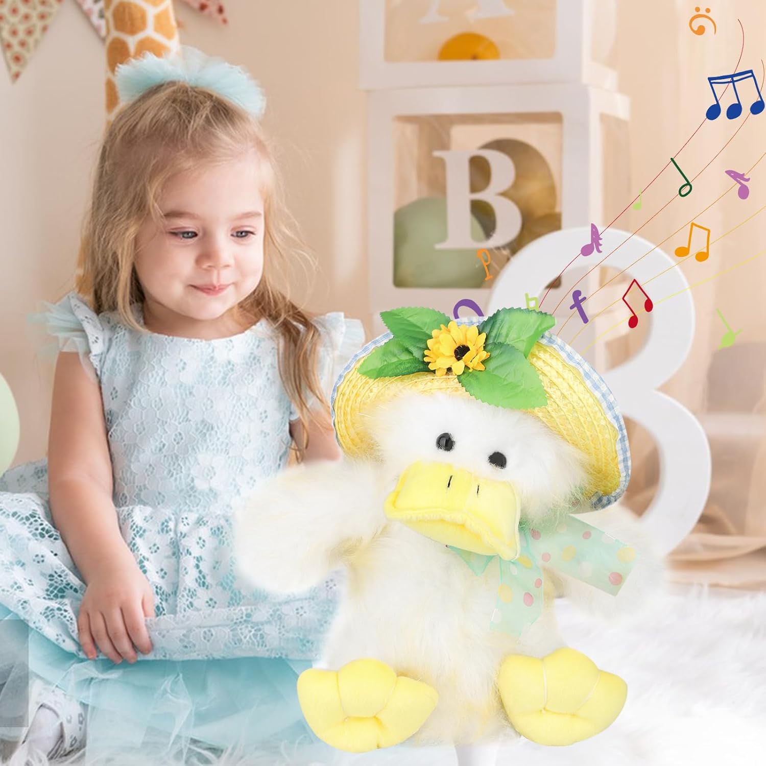 Singing Dancing Duck Toy for Kids, 12 Inch Musical Stuffed Animal with Flapping Wings and Shaking Body, Easter Basket Baby Toy, Funny Birthday Gift for Toddlers