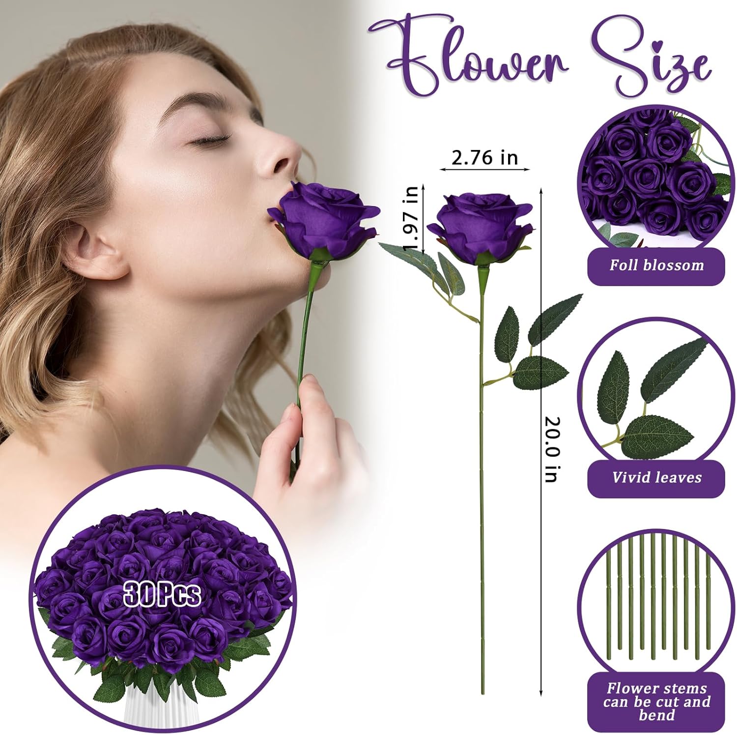 30pcs Fake Roses Artificial Silk Flowers Long Stems Bouquet for Wedding Bridal Shower Party Home Decoration (Dark Purple)