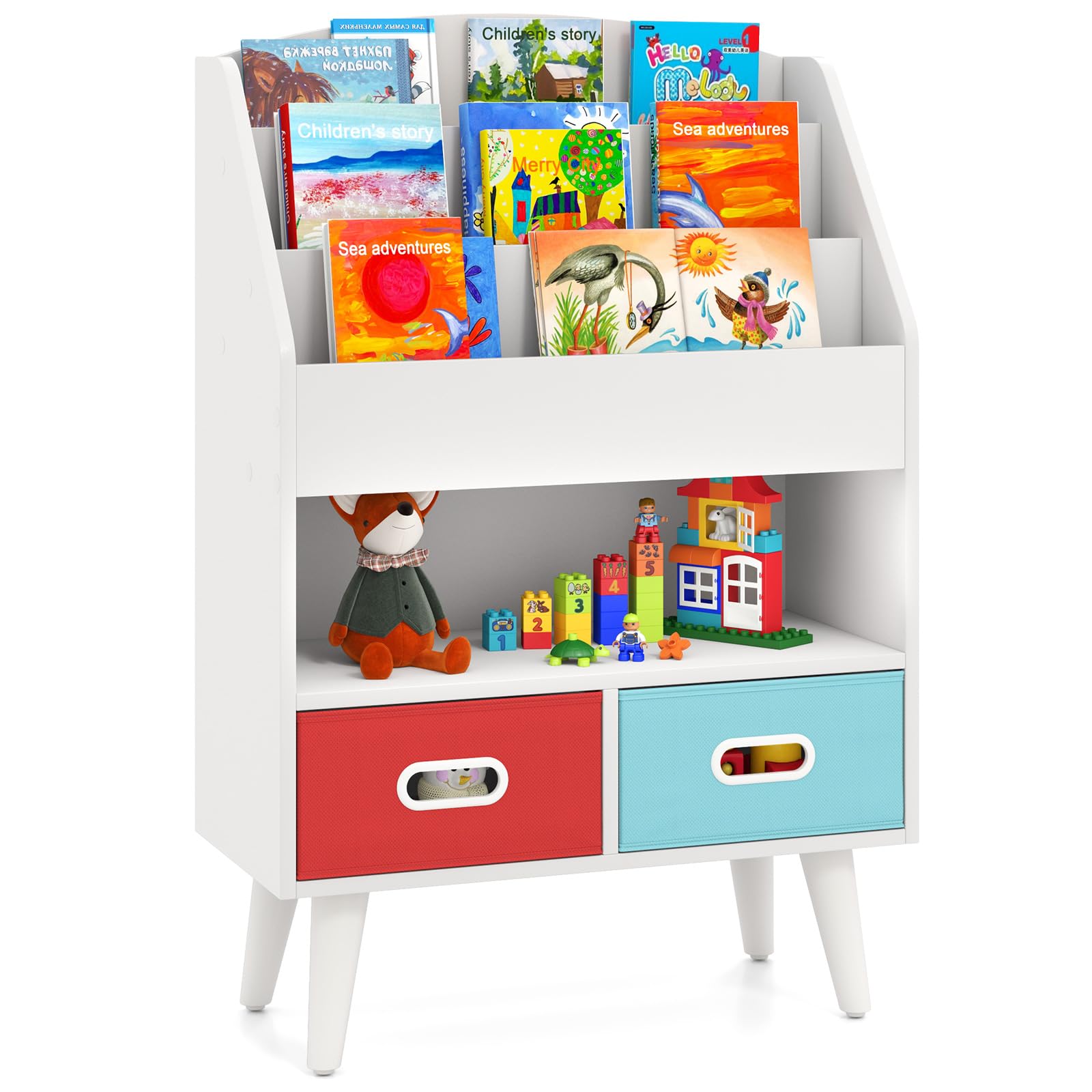 KOTEK 5-Tier Kids Bookshelf, Wooden Book Rack with 2 Foldable Bins & Support Legs, Toddler Book Display Shelf, Montessori Bookshelf and Toy Storage for Nursery, Classroom, Playroom (White)