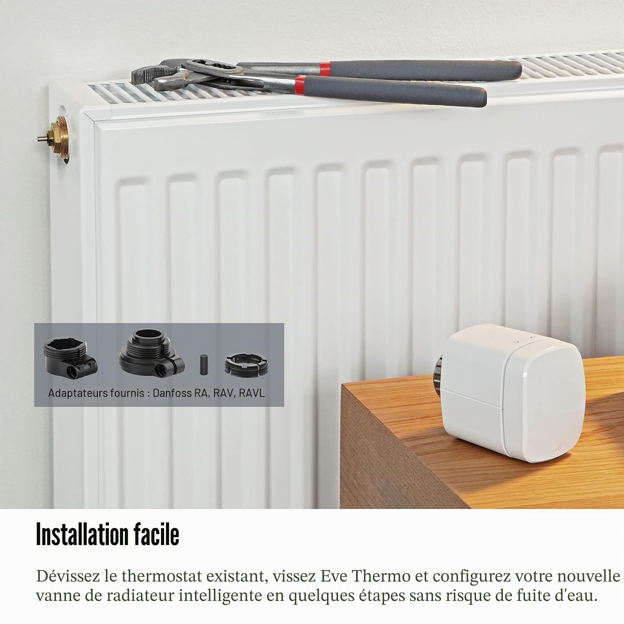 EVE Thermo (Apple Home) - Vanne de radiateur Intelligente avec afficheur LED, contrôle Automatique de la température, sans passerelle, Commandes tactiles intégrées, Bluetooth, Thread