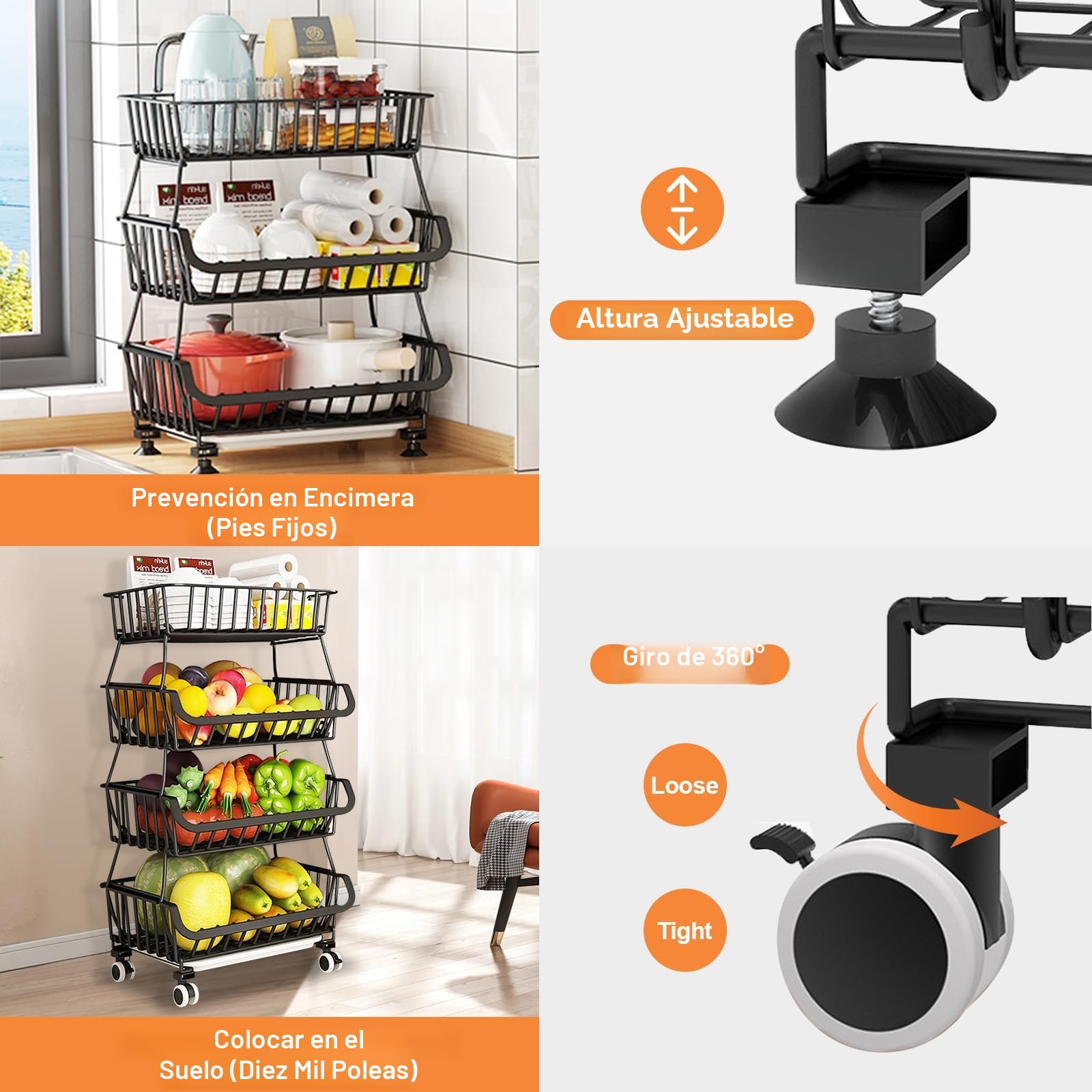 Cestas de Frutas y Verduras,Cesta de Frutas Metal 4 Pisos