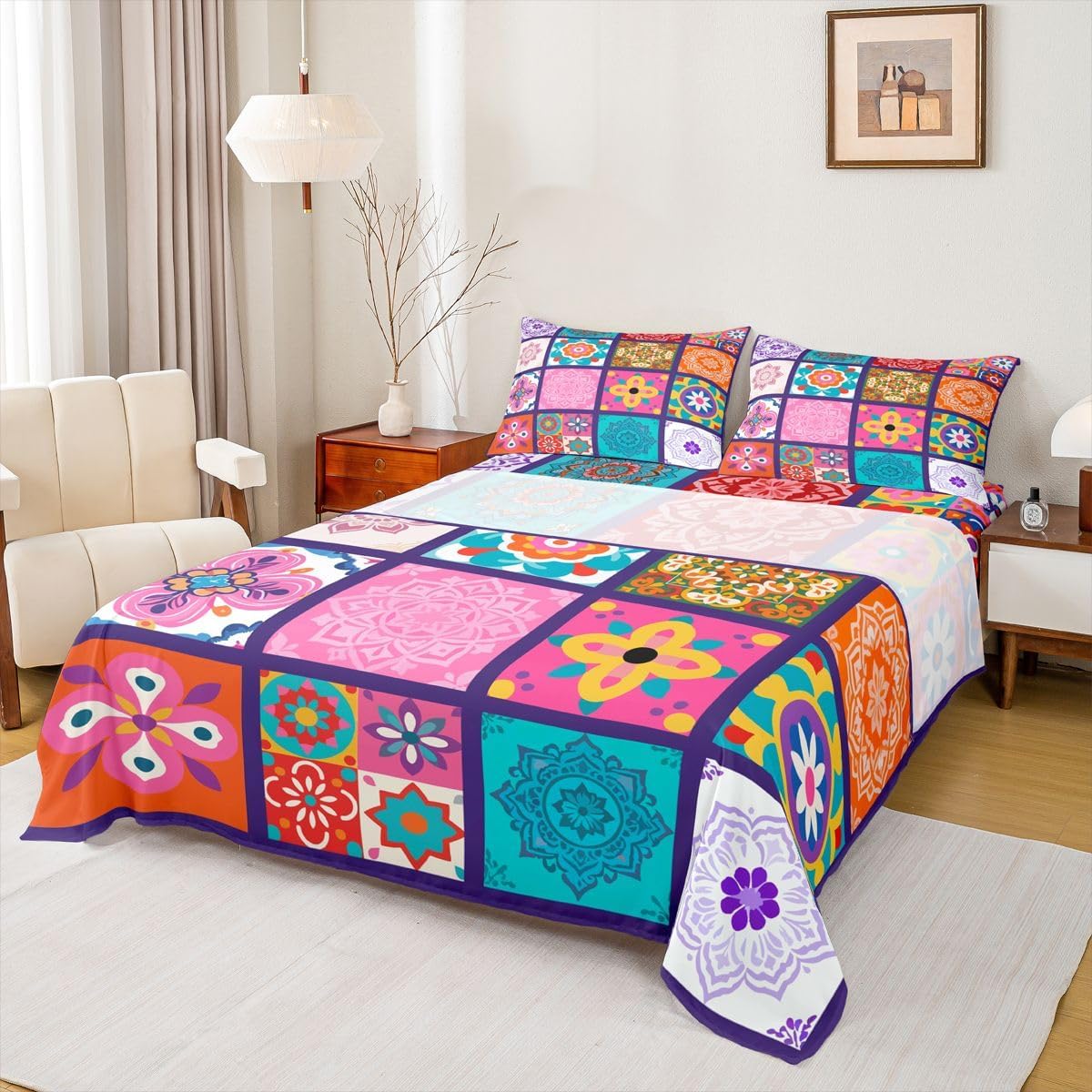 Erosebridal Bohemian Bed Sheets Set Patchwork Style Boho Queen Sheet Set for Toddler Boys | Mandala Damask Watercolor Floral Flat Sheet