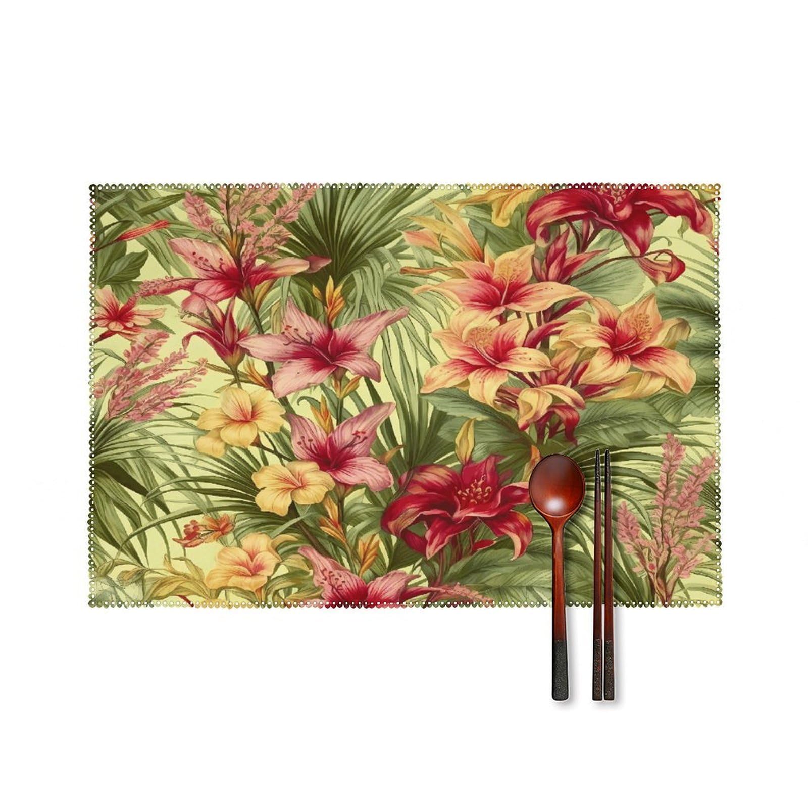 Tropical Palm Flower Placemats Set of 6 Heat Resistant Non-Slip Place Mats Washable Wipeable Table Mats Elegant Farmhouse Placemat for Kitchen Dining Outdoor Party Table Decor