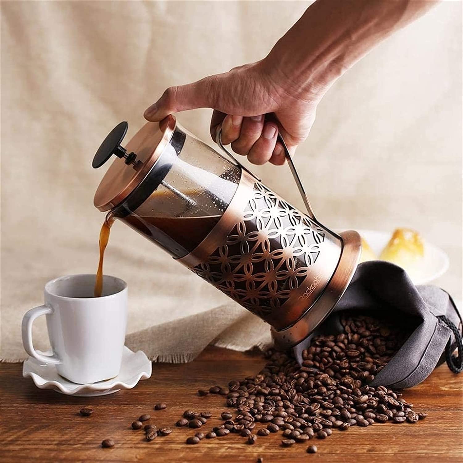Duży ekspres do kawy French Press, ekspres do herbaty, filtr ze stali nierdzewnej, 1 litr, miedź