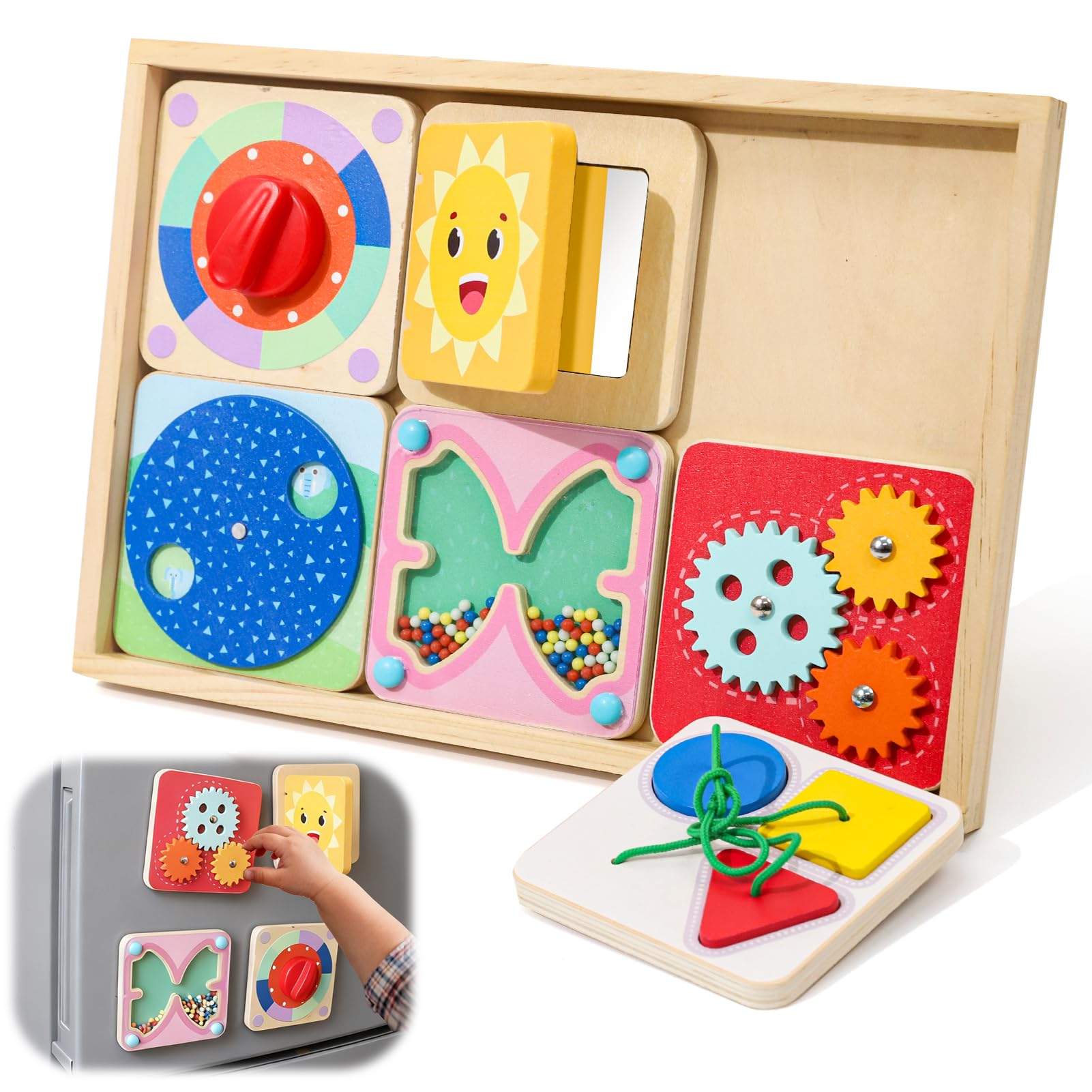 Wdmiya Tableau d'Activités Montessori pour Bébé, Jeu Sensoriel en Bois dès 1 an avec 6 Plaques Magnétiques | Jeu de Motricité Portable pour Voyage en Voiture, Cadeau d'anniversaire Garçon Fille