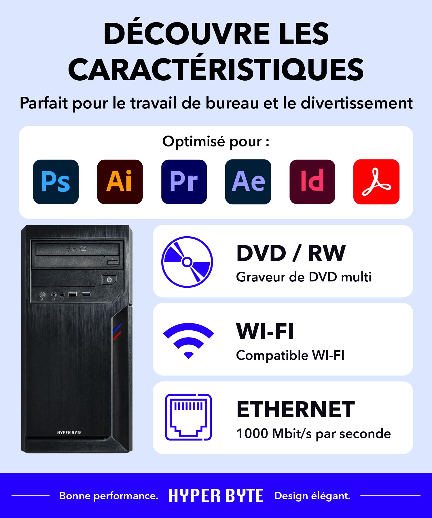 HYPER BYTE® PC de Bureau Intel Core i5 10400F NVIDIA GT 730 4,4 GHz 16 Go RAM DDR4 SSD 512 Go Windows 11 Pro Wi-Fi DVD+RW USB 3.0