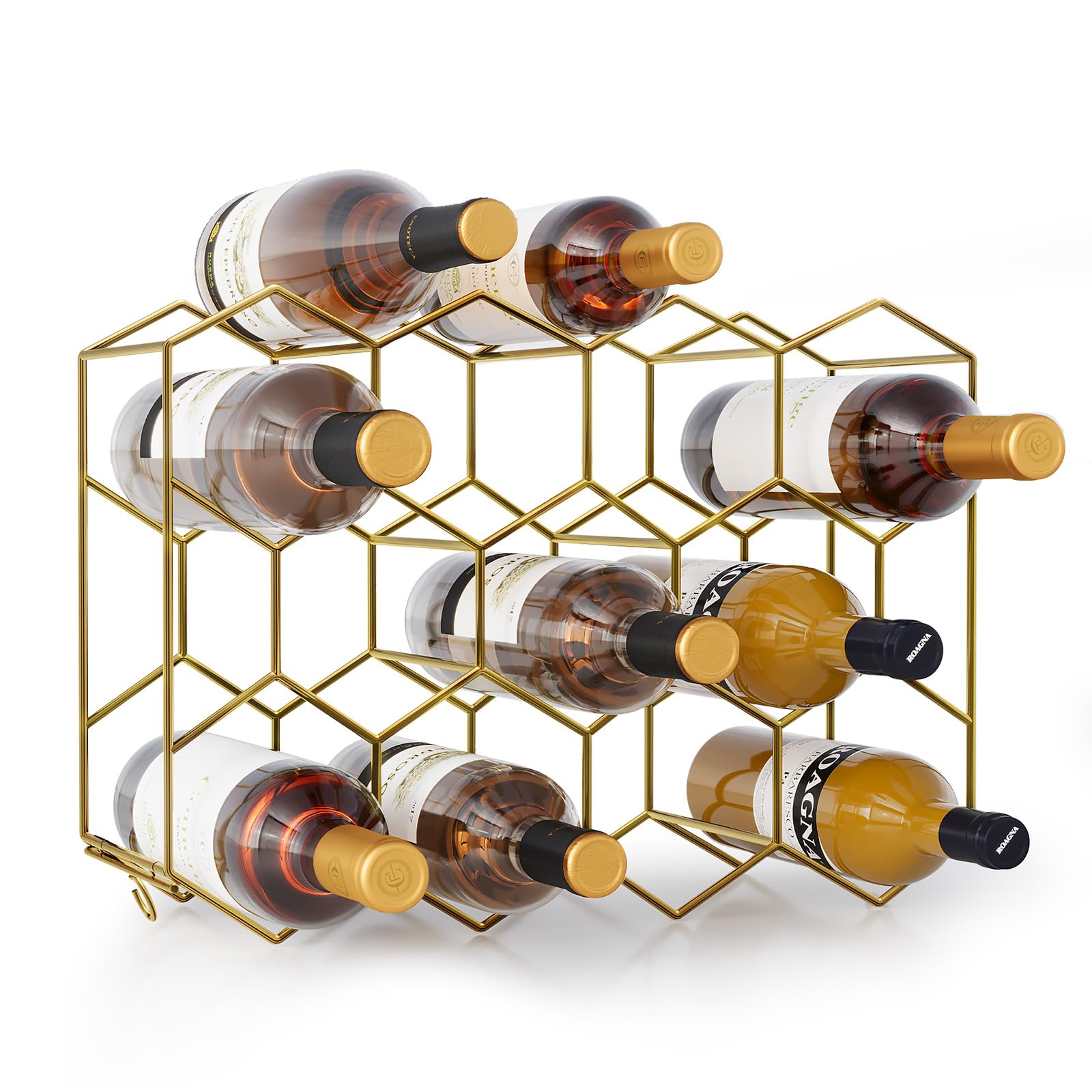 Urban Deco Estante de vino de encimera para 14 botellas, no requiere montaje, soporte moderno para botellas de vino para armario, cocina, bar, despensa, insertos de estante de vino de alambre dorado
