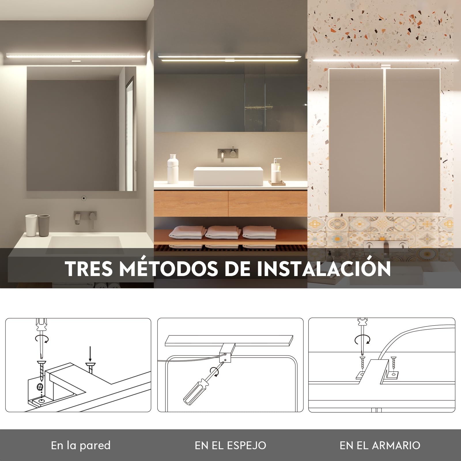 Hommie Lampara Espejo Baño 60CM, Blanco Natural 4000K I 15W I 1200LM Luz de Tocador, Impermeable IP44, Ideal para Baño I Gabinete I Maquillaje