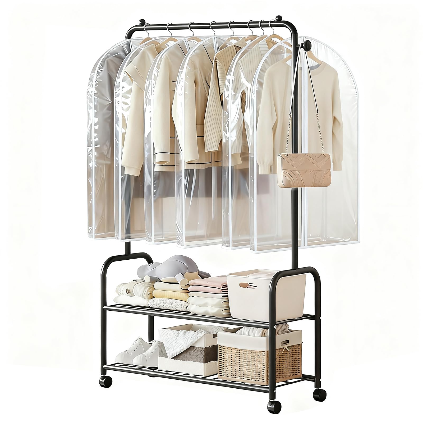 Robuster Roll-Kleiderständer aus Metall mit Rollen und 5 Staubbeuteln, 2-stöckige Aufbewahrung für Kleidung, Hüte, Schuhe und Accessoires, Schwarz, 60 x 30 x 165 cm