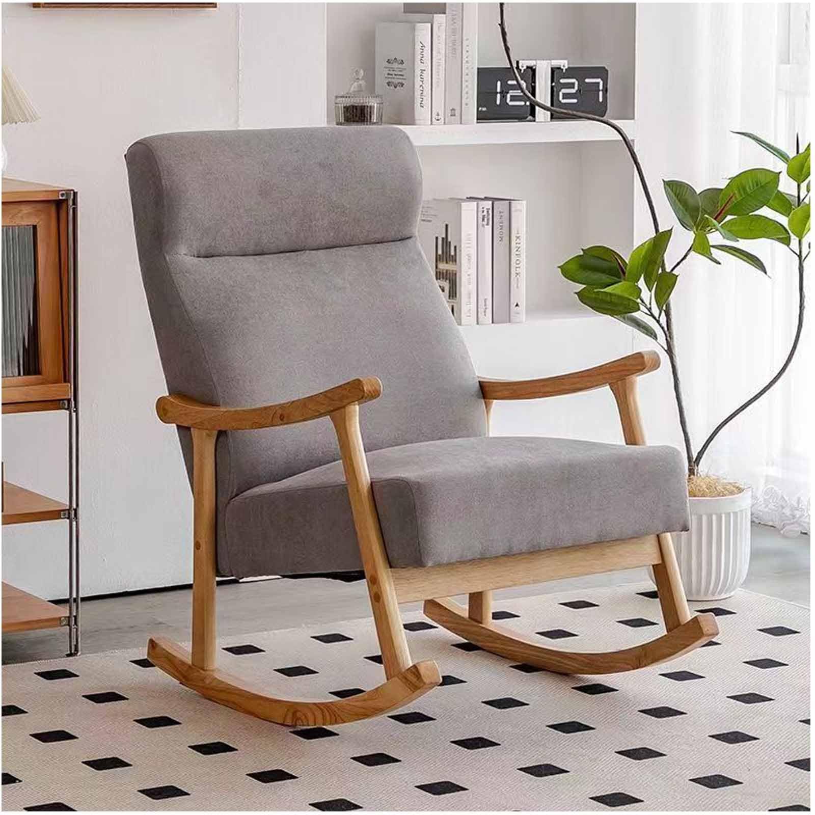 Sillón Relajante De Interior, Mecedora con Brazos De Madera Tapizados, Sillón De Ocio para Balcón, Sillón Reclinable Moderno para Dormitorio Y Sala De Estar,Gris