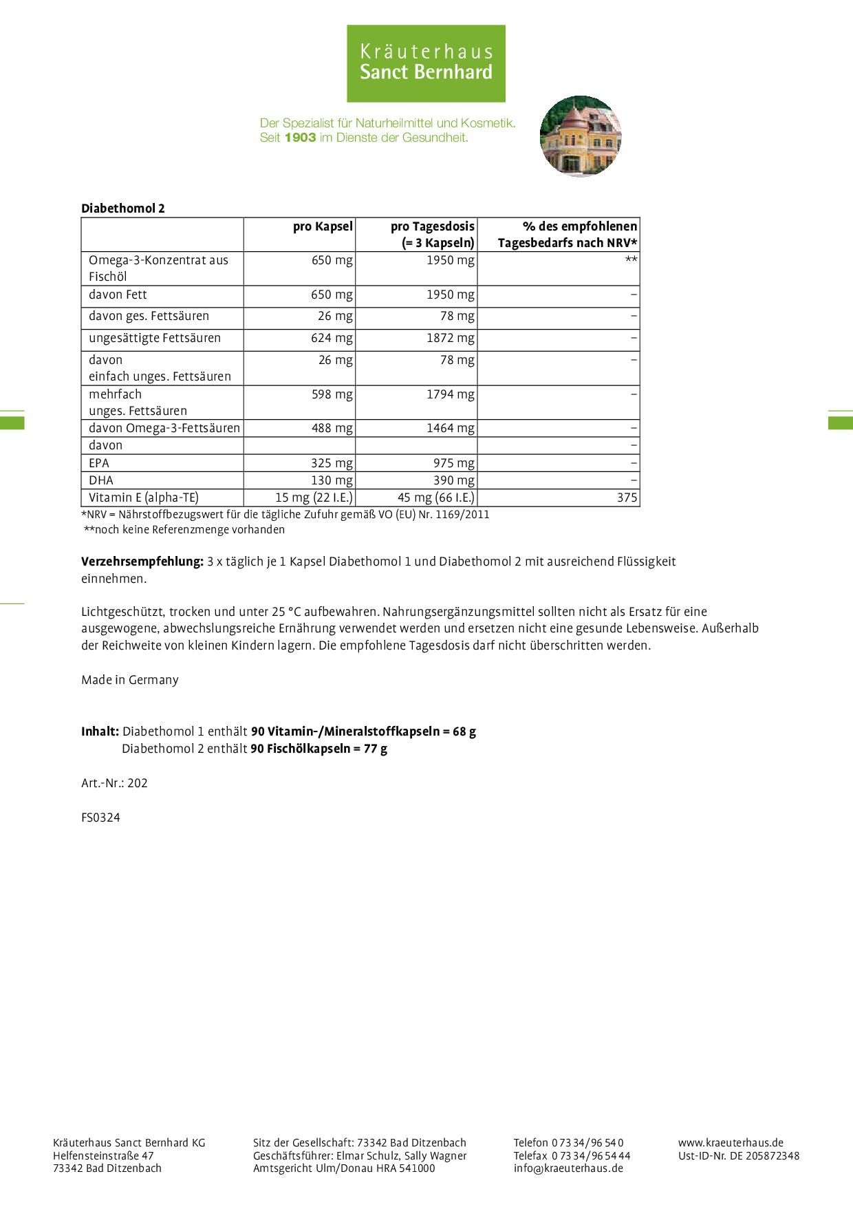 Sanct Bernhard Diabethomol mit Vitamin C, E, Mineralstoffen, Zink, Chrom, Magnesium 540 Kapseln