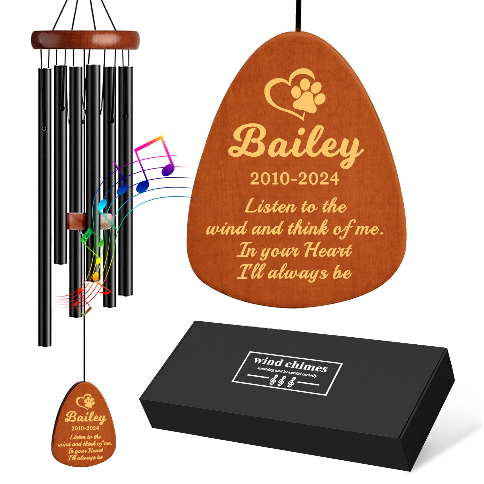 Personalised Dog Memorial Wind Chimes 25.5Inch, Dog Pet Memorial Gifts, Wind Chimes for Garden, Pet Bereavement Gift for Loss of Dog(Design 1, Black)